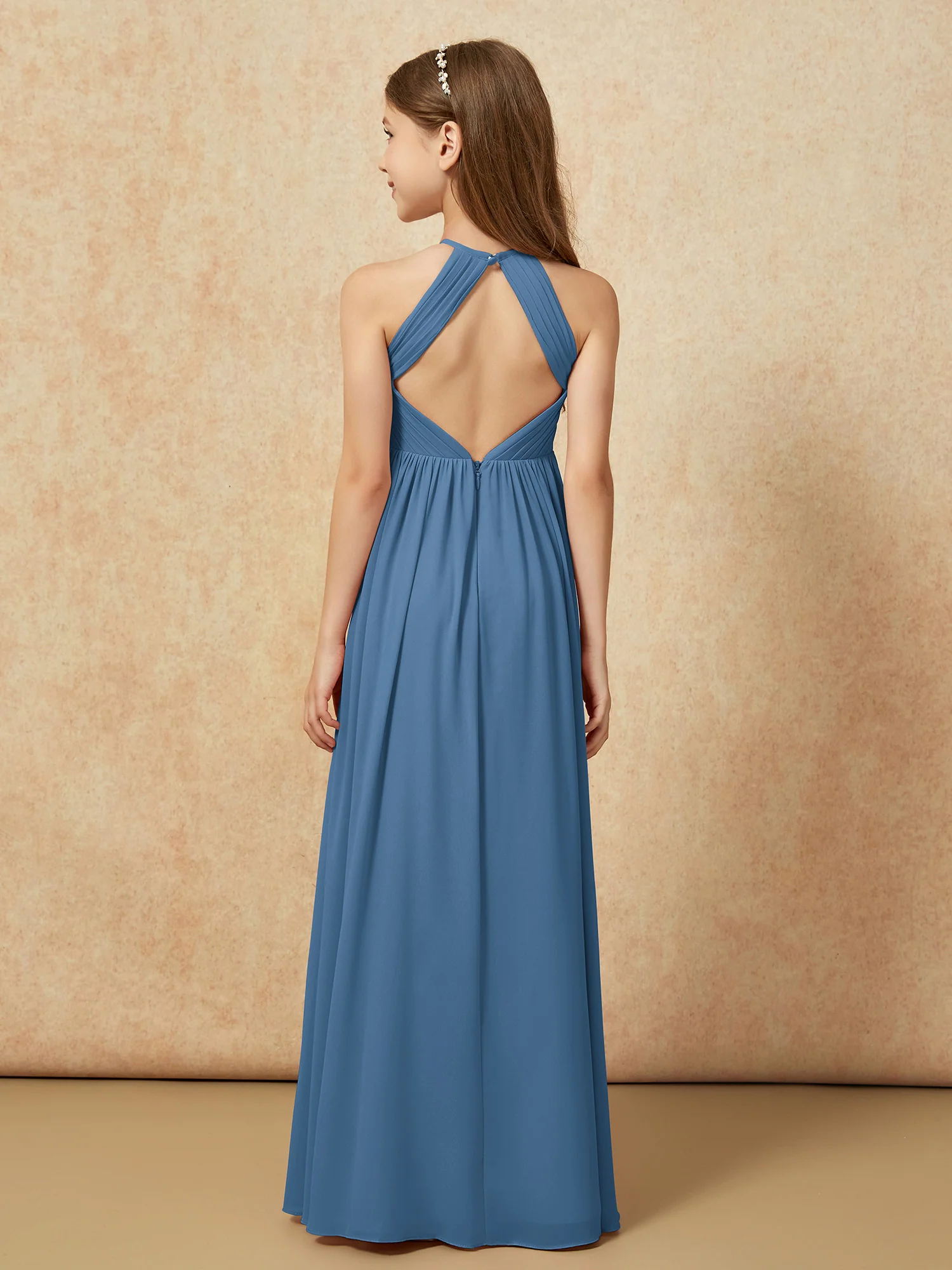 Halter Pleated Long Chiffon Junior Bridesmaid Dress Slate Blue - Image 2