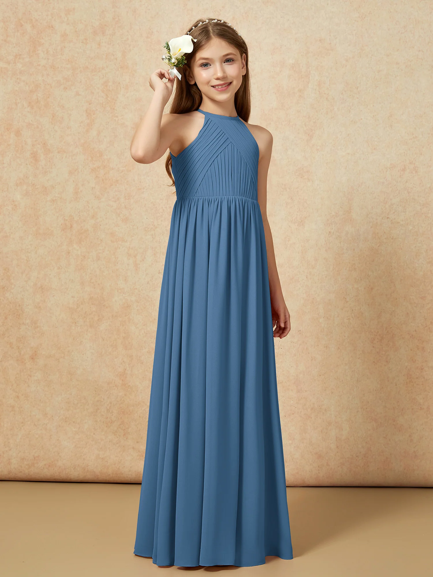 Halter Pleated Long Chiffon Junior Bridesmaid Dress Slate Blue - Image 4