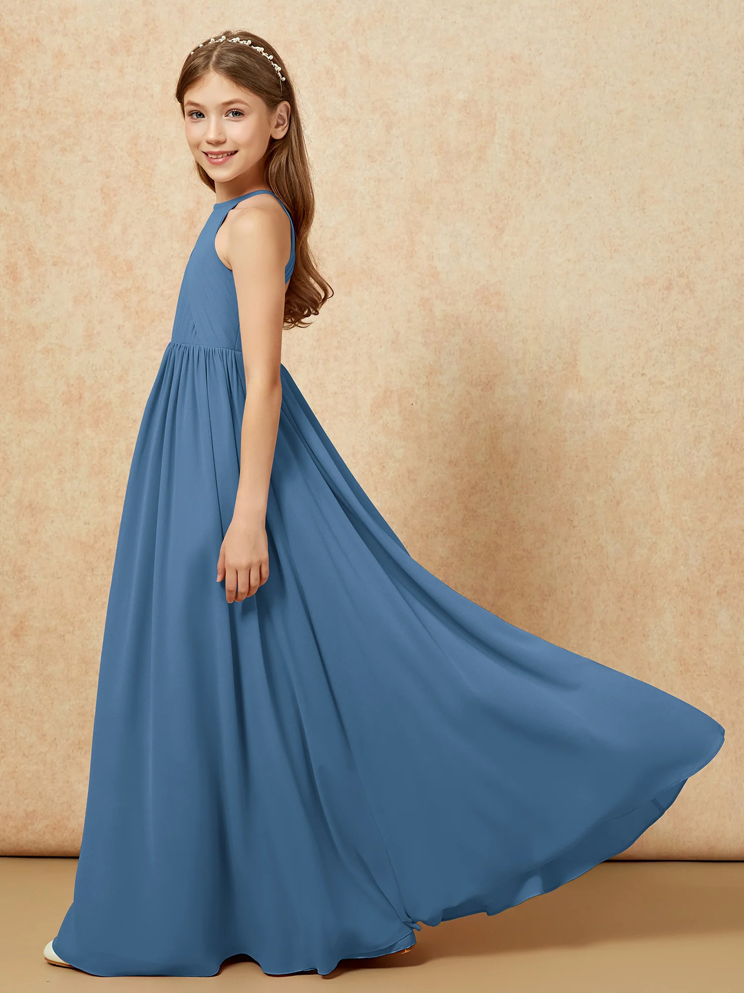 Halter Pleated Long Chiffon Junior Bridesmaid Dress Slate Blue - Image 7