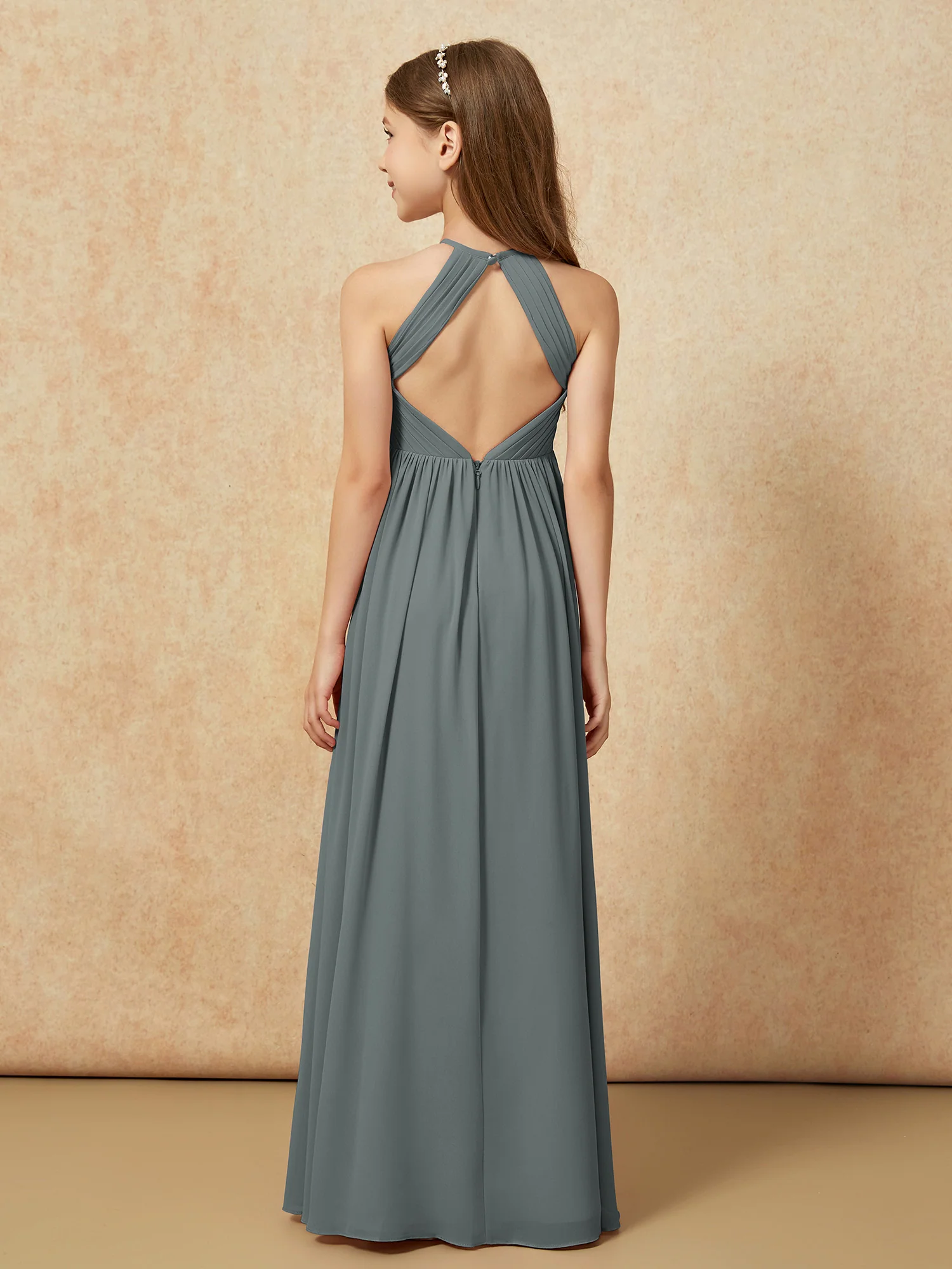 Halter Pleated Long Chiffon Junior Bridesmaid Dress Steel Grey - Image 2