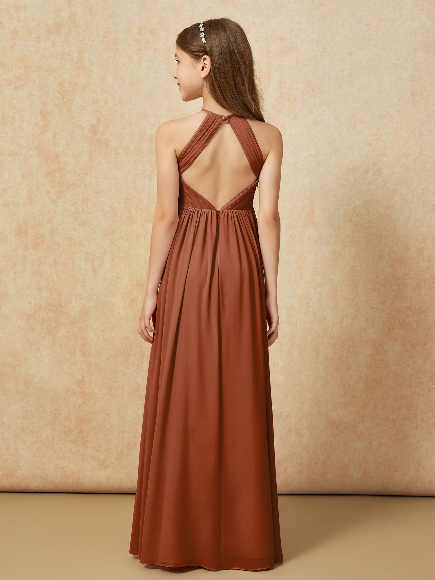 Halter Pleated Long Chiffon Junior Bridesmaid Dress Terracotta - Image 2