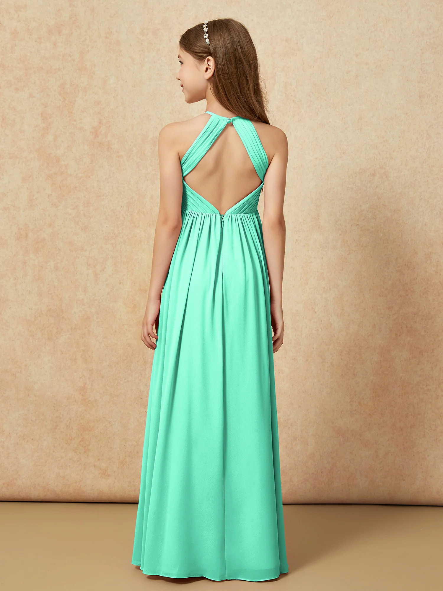 Halter Pleated Long Chiffon Junior Bridesmaid Dress Turquoise - Image 2