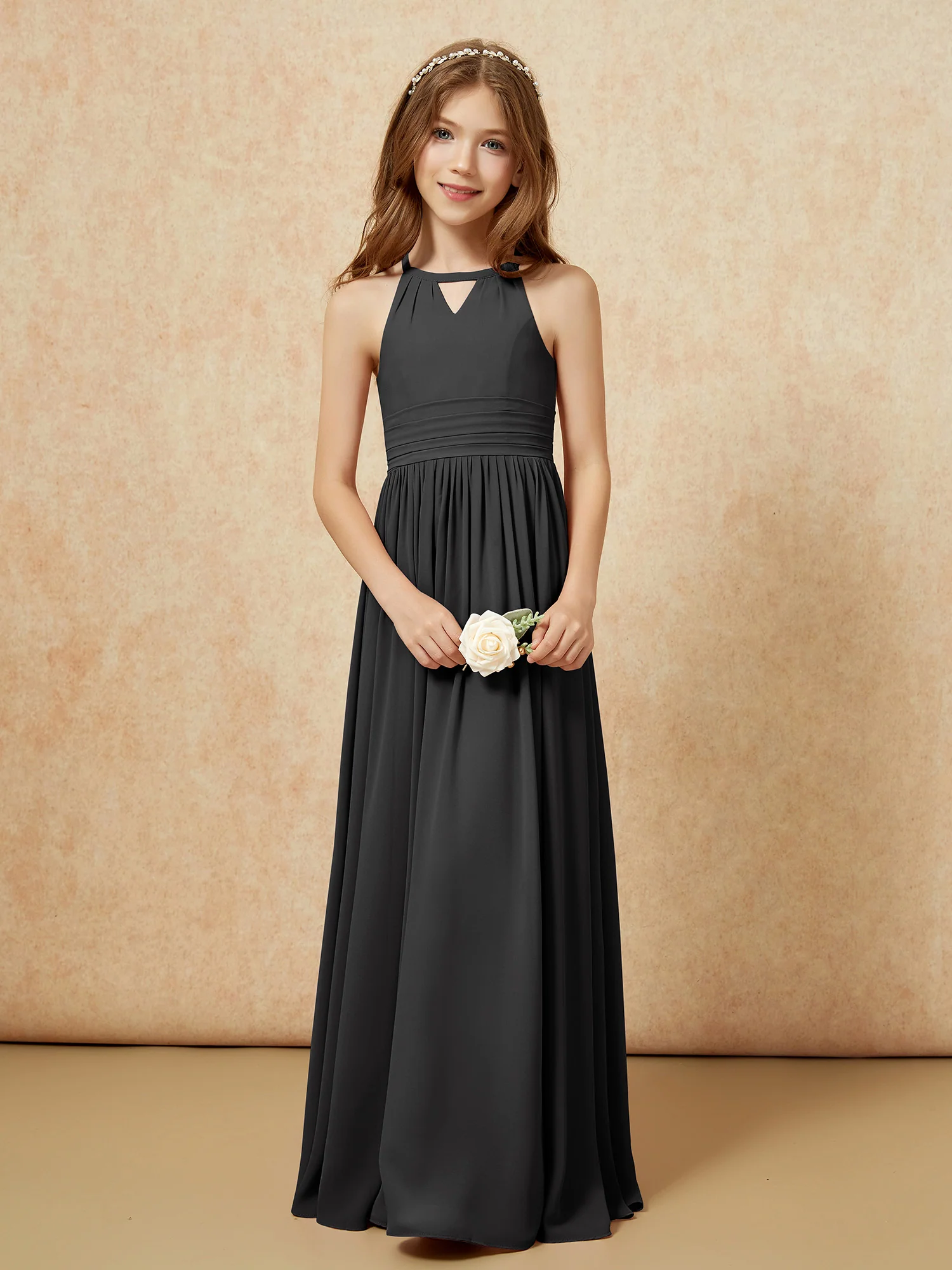 Halter Sleeveless Long Chiffon Junior Bridesmaid Dress Black - Image 5