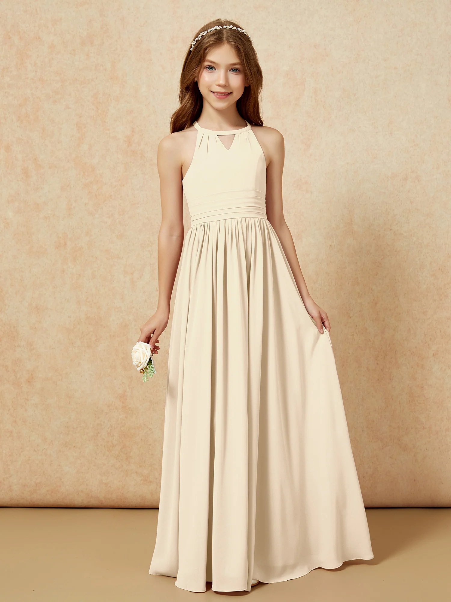 Halter Sleeveless Long Chiffon Junior Bridesmaid Dress Champagne