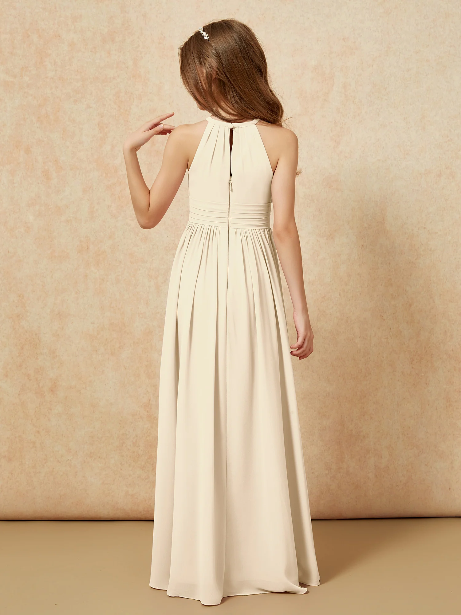 Halter Sleeveless Long Chiffon Junior Bridesmaid Dress Champagne - Image 2
