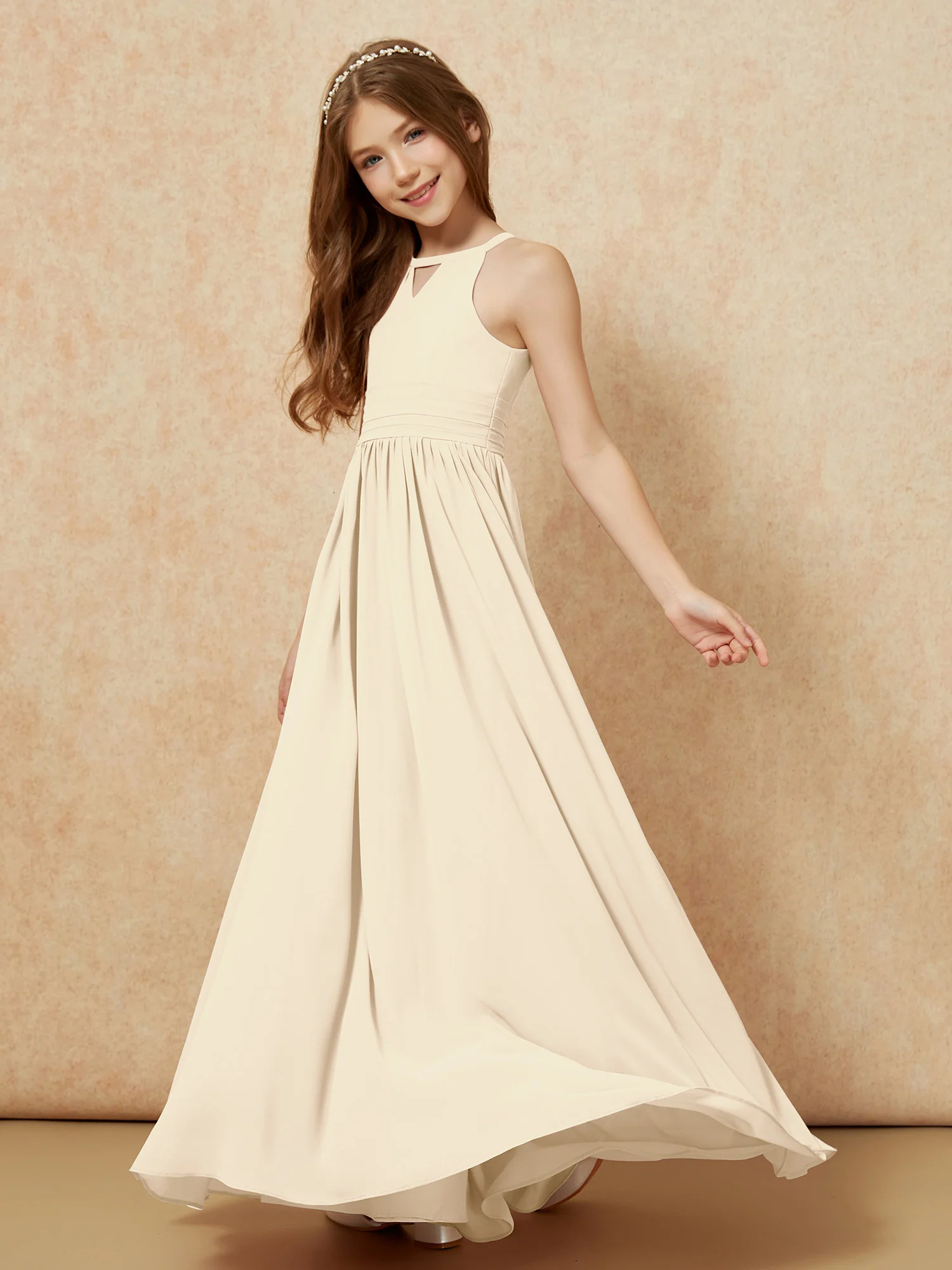 Halter Sleeveless Long Chiffon Junior Bridesmaid Dress Champagne - Image 3