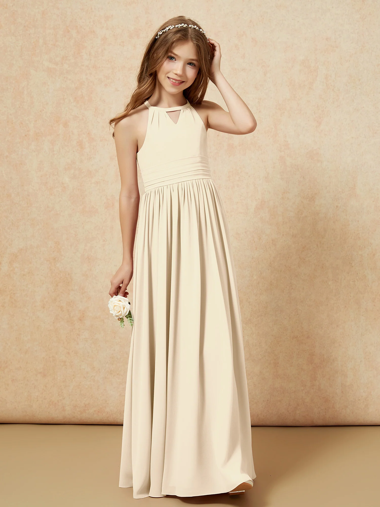 Halter Sleeveless Long Chiffon Junior Bridesmaid Dress Champagne - Image 4
