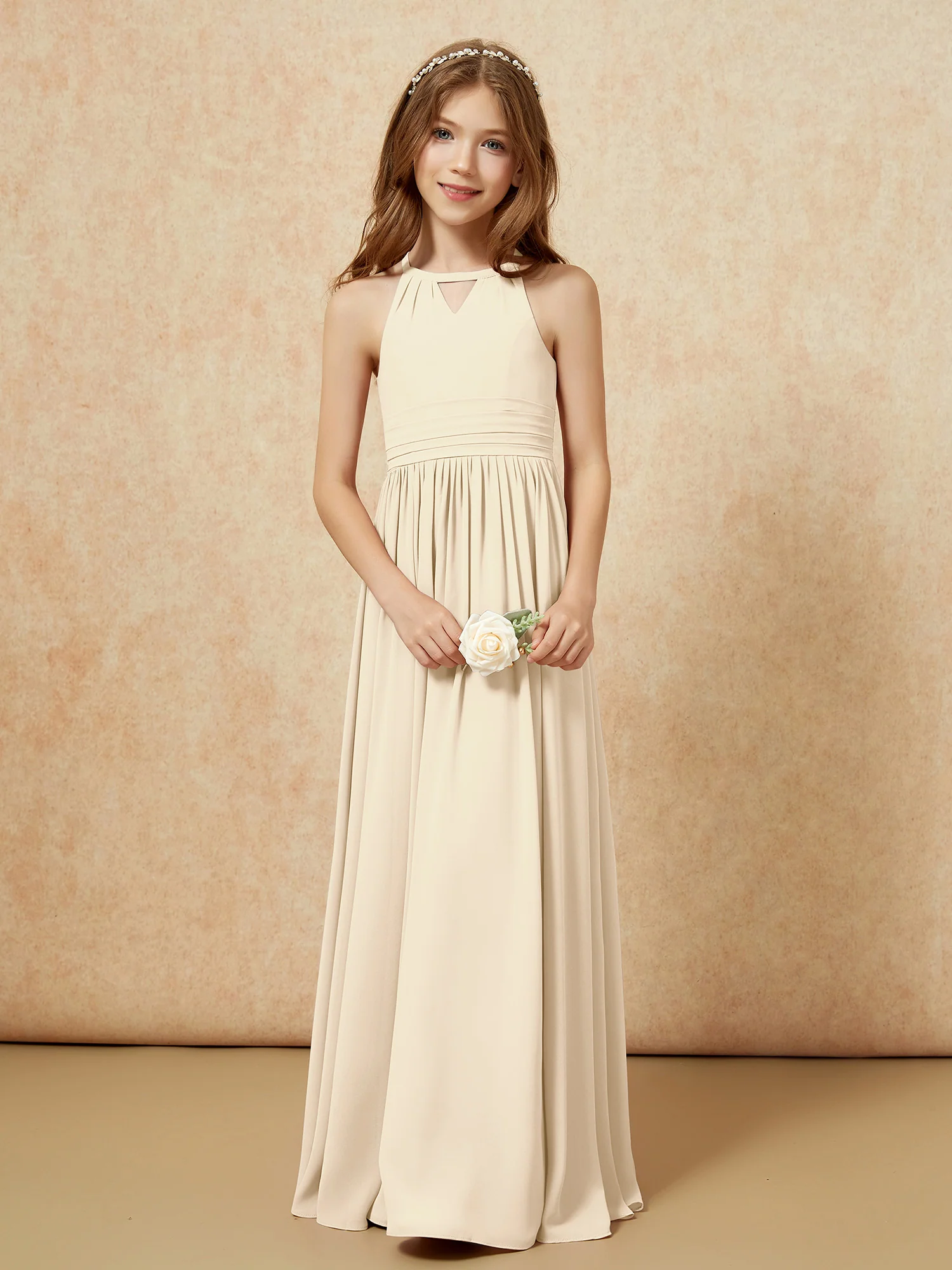 Halter Sleeveless Long Chiffon Junior Bridesmaid Dress Champagne - Image 5