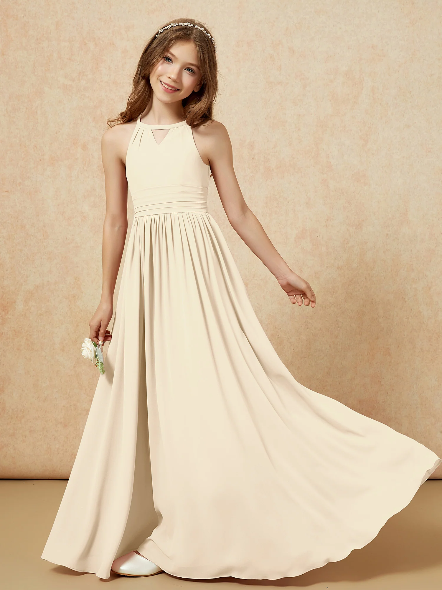 Halter Sleeveless Long Chiffon Junior Bridesmaid Dress Champagne - Image 6