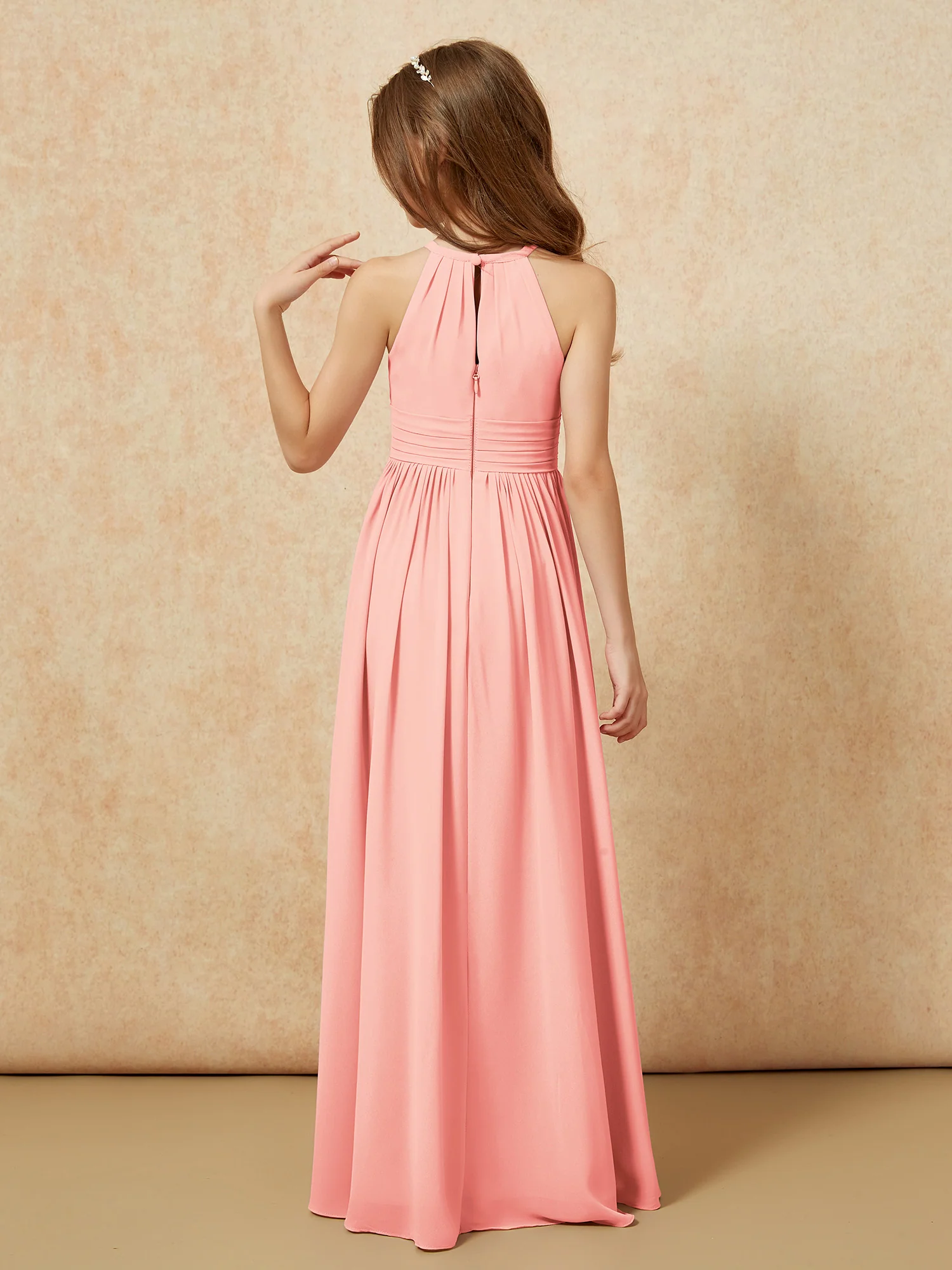 Halter Sleeveless Long Chiffon Junior Bridesmaid Dress Coral - Image 2