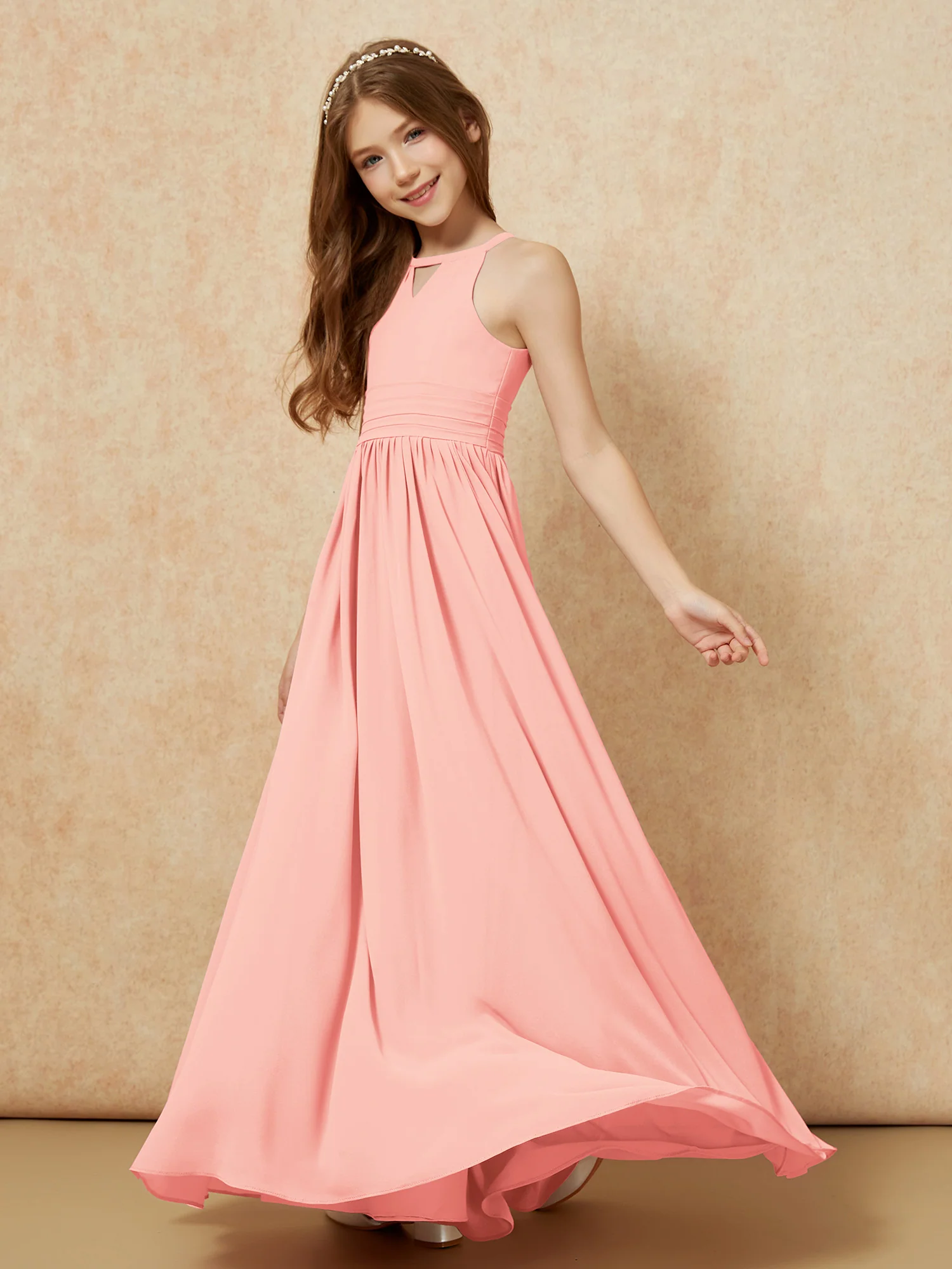 Halter Sleeveless Long Chiffon Junior Bridesmaid Dress Coral - Image 3