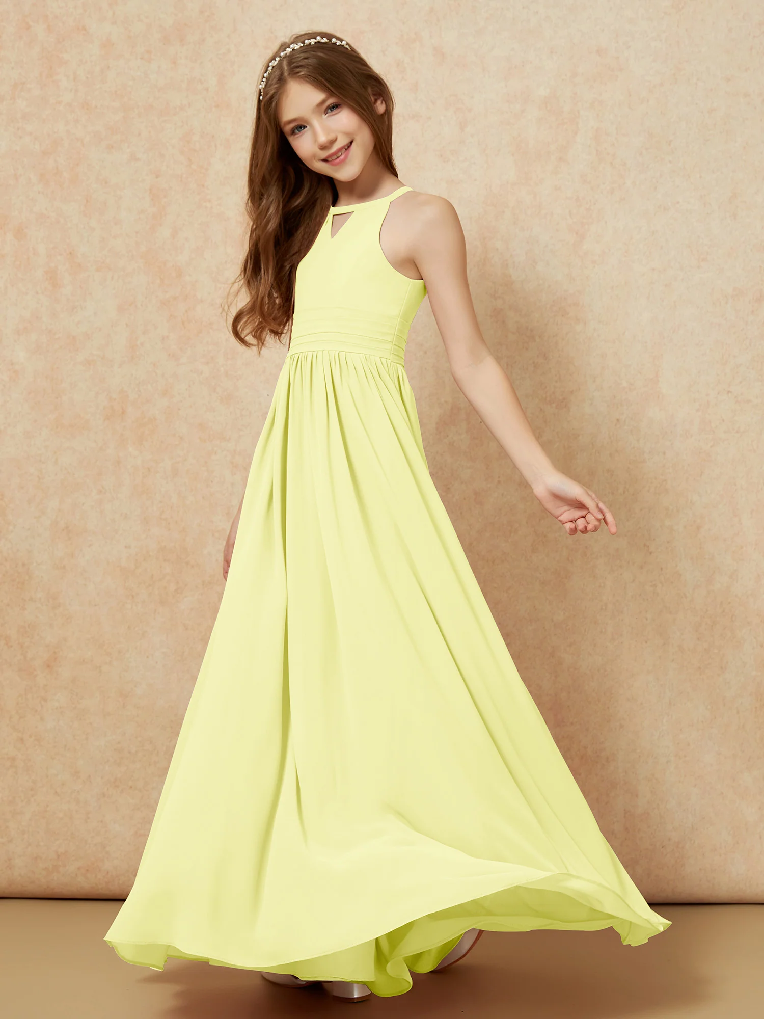 Halter Sleeveless Long Chiffon Junior Bridesmaid Dress Daffodil - Image 3