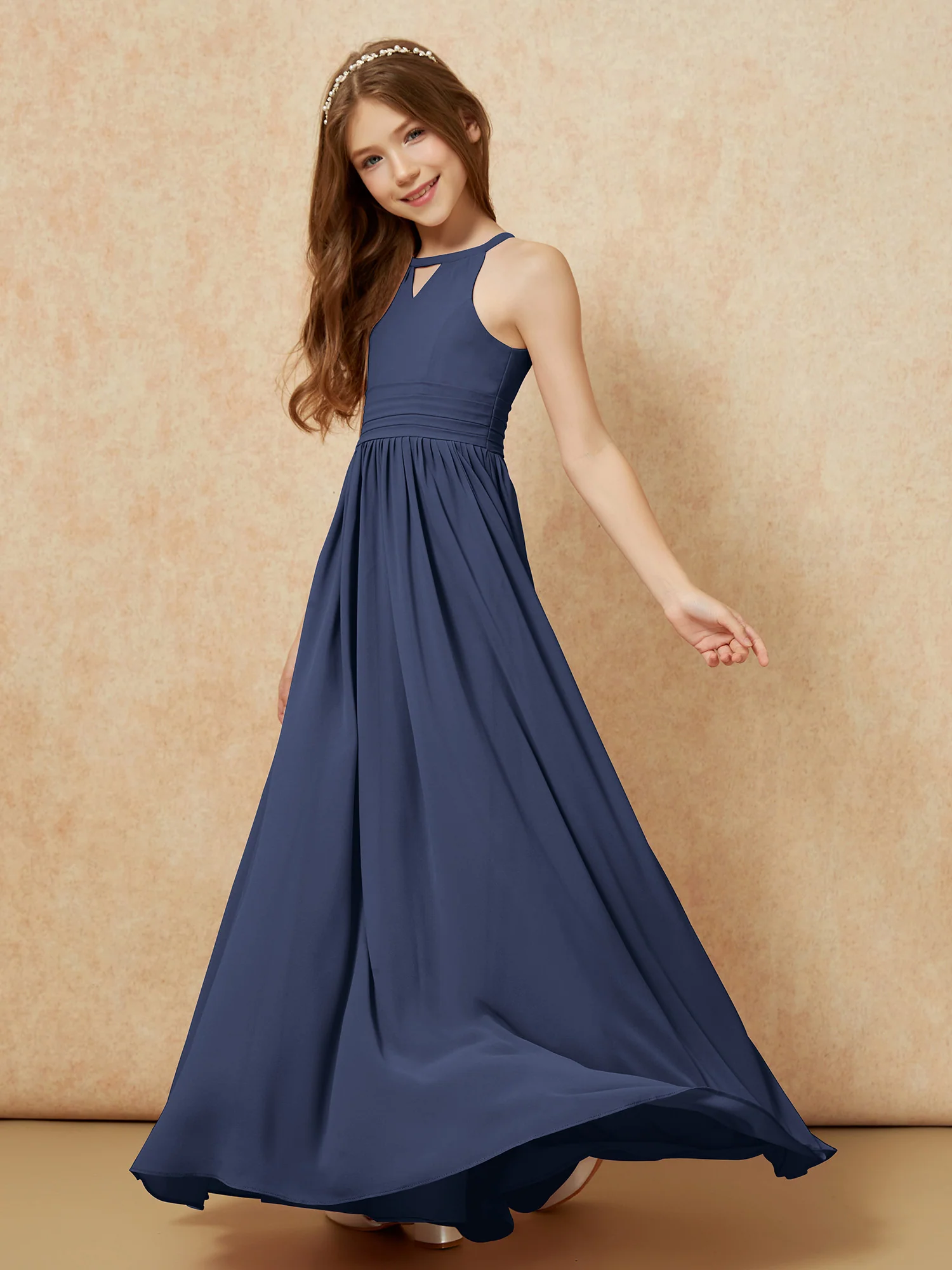 Halter Sleeveless Long Chiffon Junior Bridesmaid Dress Dark Navy - Image 3