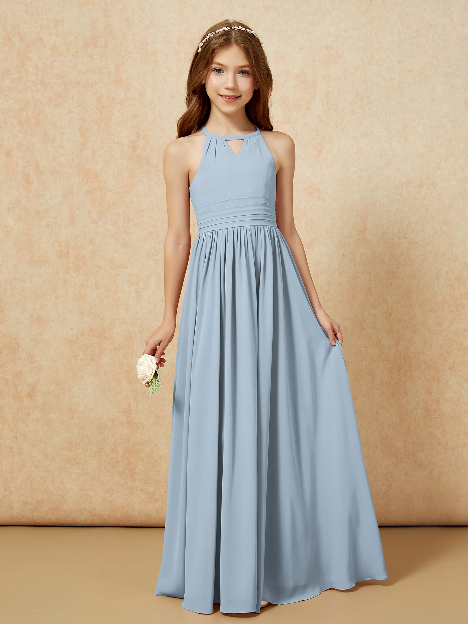 Halter Sleeveless Long Chiffon Junior Bridesmaid Dress Dusty Blue