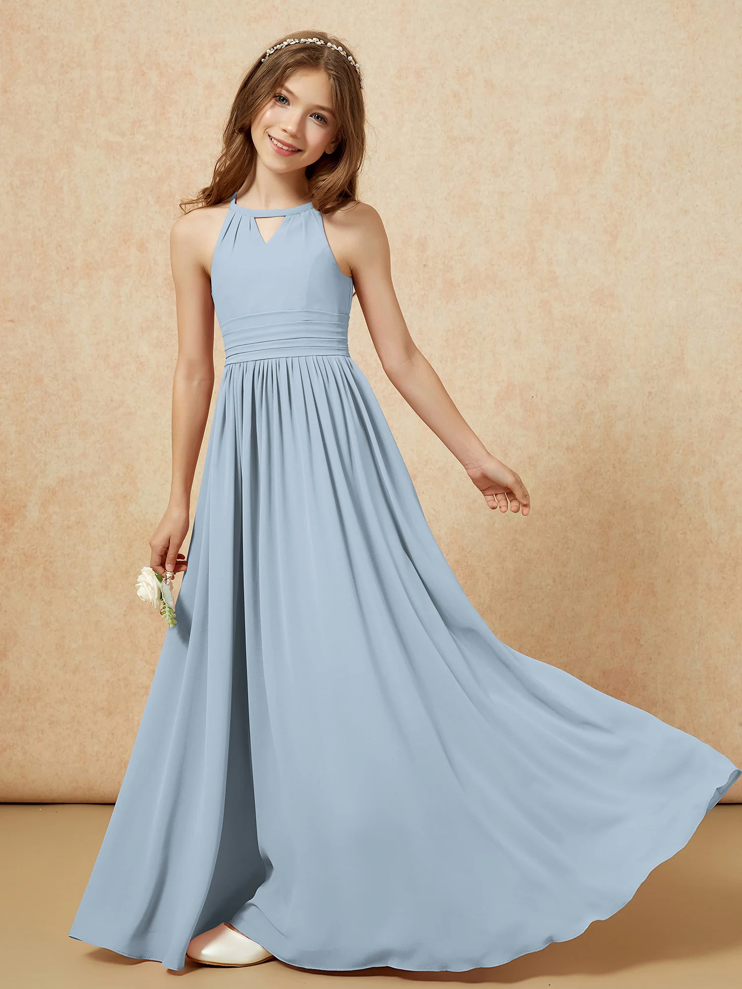 Halter Sleeveless Long Chiffon Junior Bridesmaid Dress Dusty Blue - Image 6