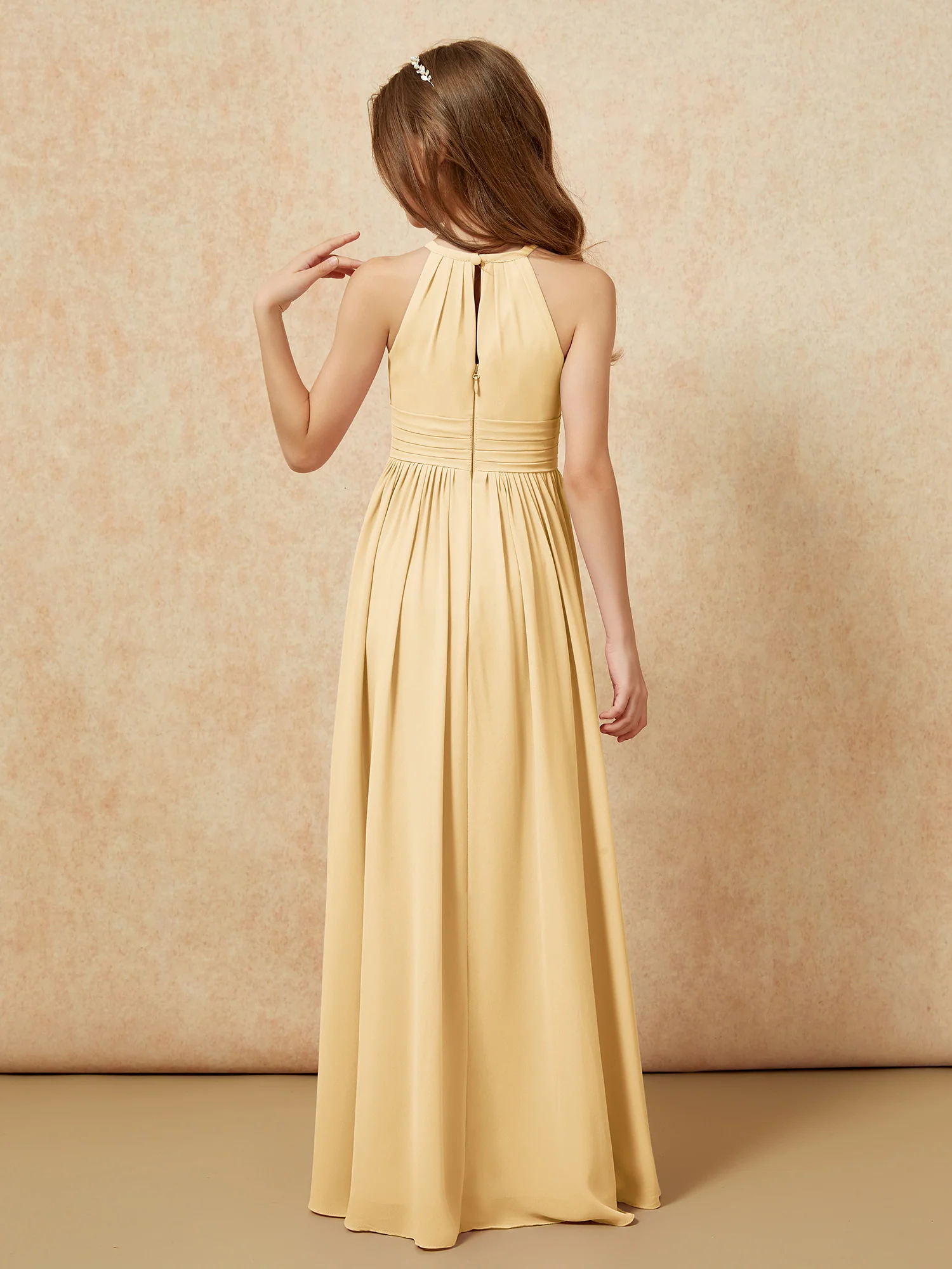 Halter Sleeveless Long Chiffon Junior Bridesmaid Dress Gold - Image 2