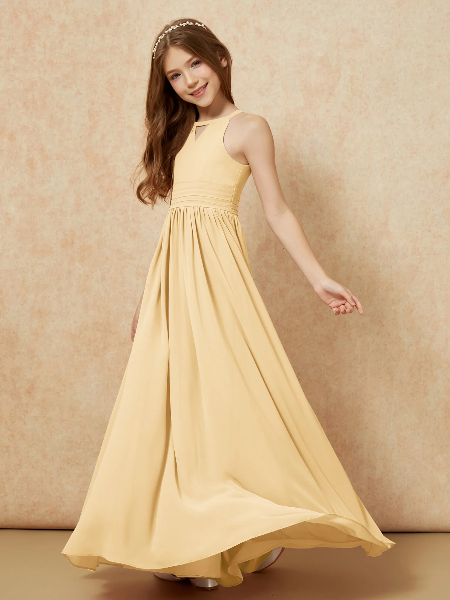 Halter Sleeveless Long Chiffon Junior Bridesmaid Dress Gold - Image 3