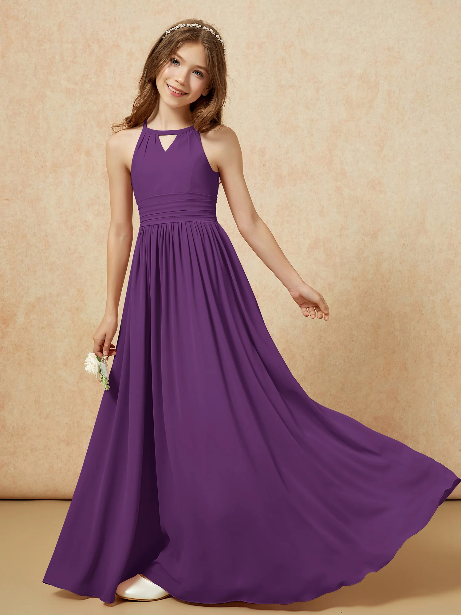 Halter Sleeveless Long Chiffon Junior Bridesmaid Dress Grape - Image 6
