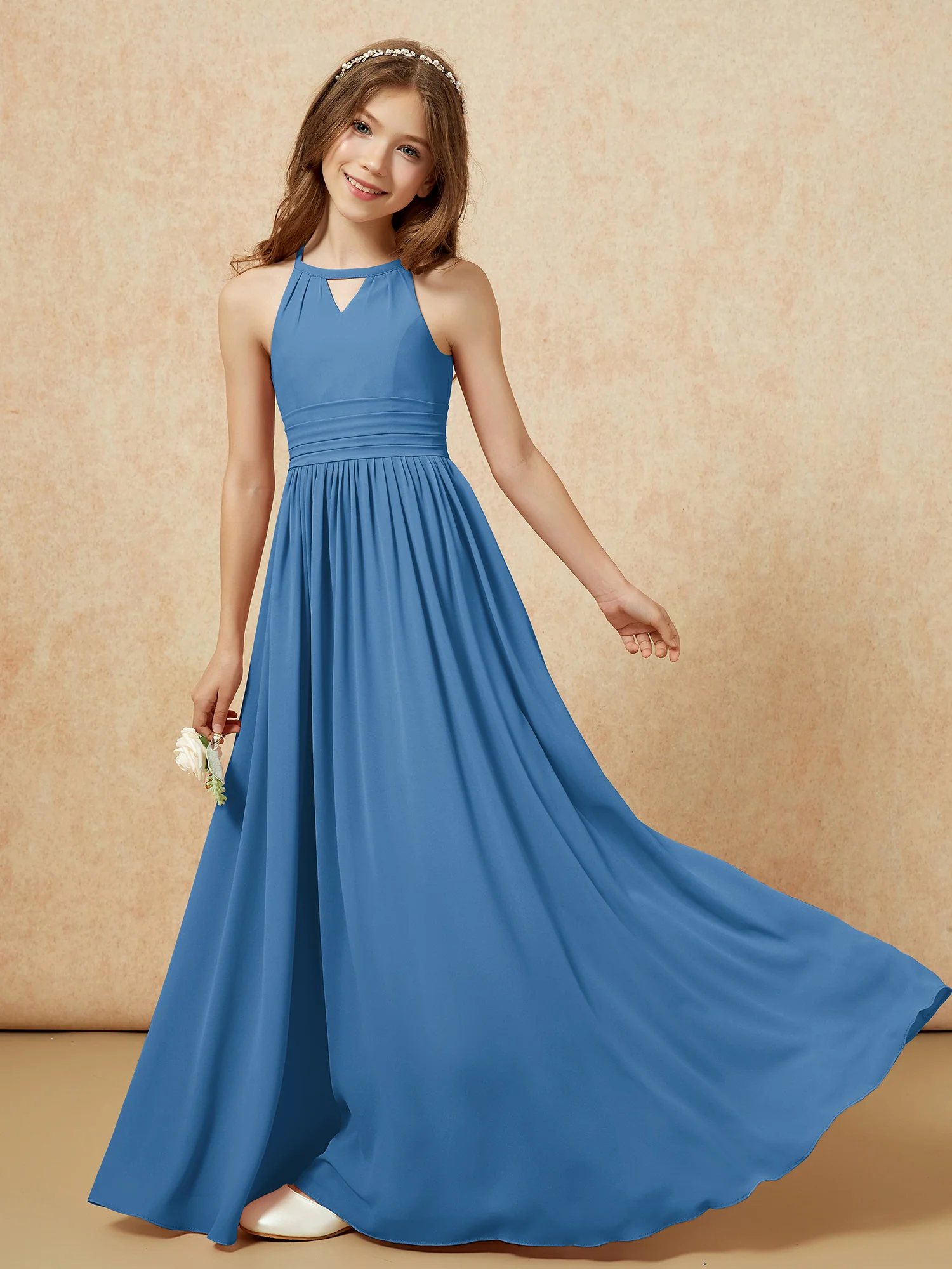 Halter Sleeveless Long Chiffon Junior Bridesmaid Dress Ink Blue - Image 6