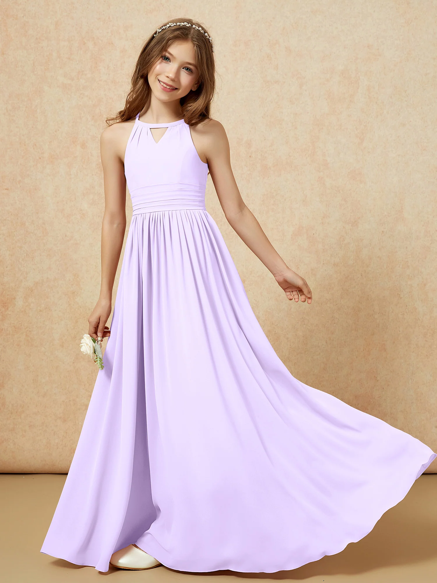 Halter Sleeveless Long Chiffon Junior Bridesmaid Dress Lilac - Image 6