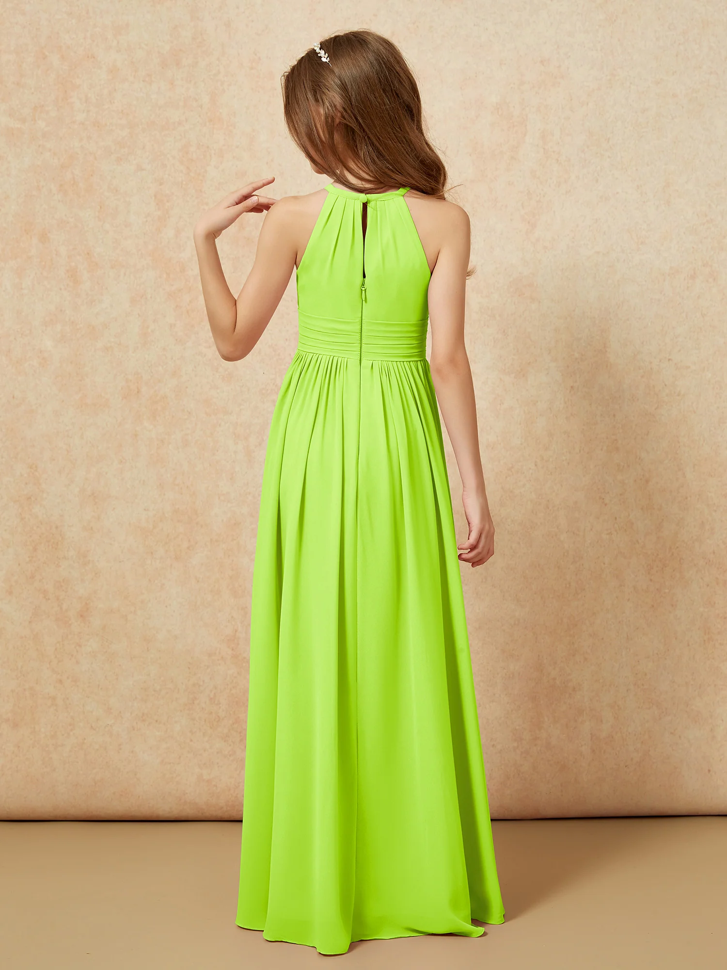 Halter Sleeveless Long Chiffon Junior Bridesmaid Dress Lime Green - Image 2