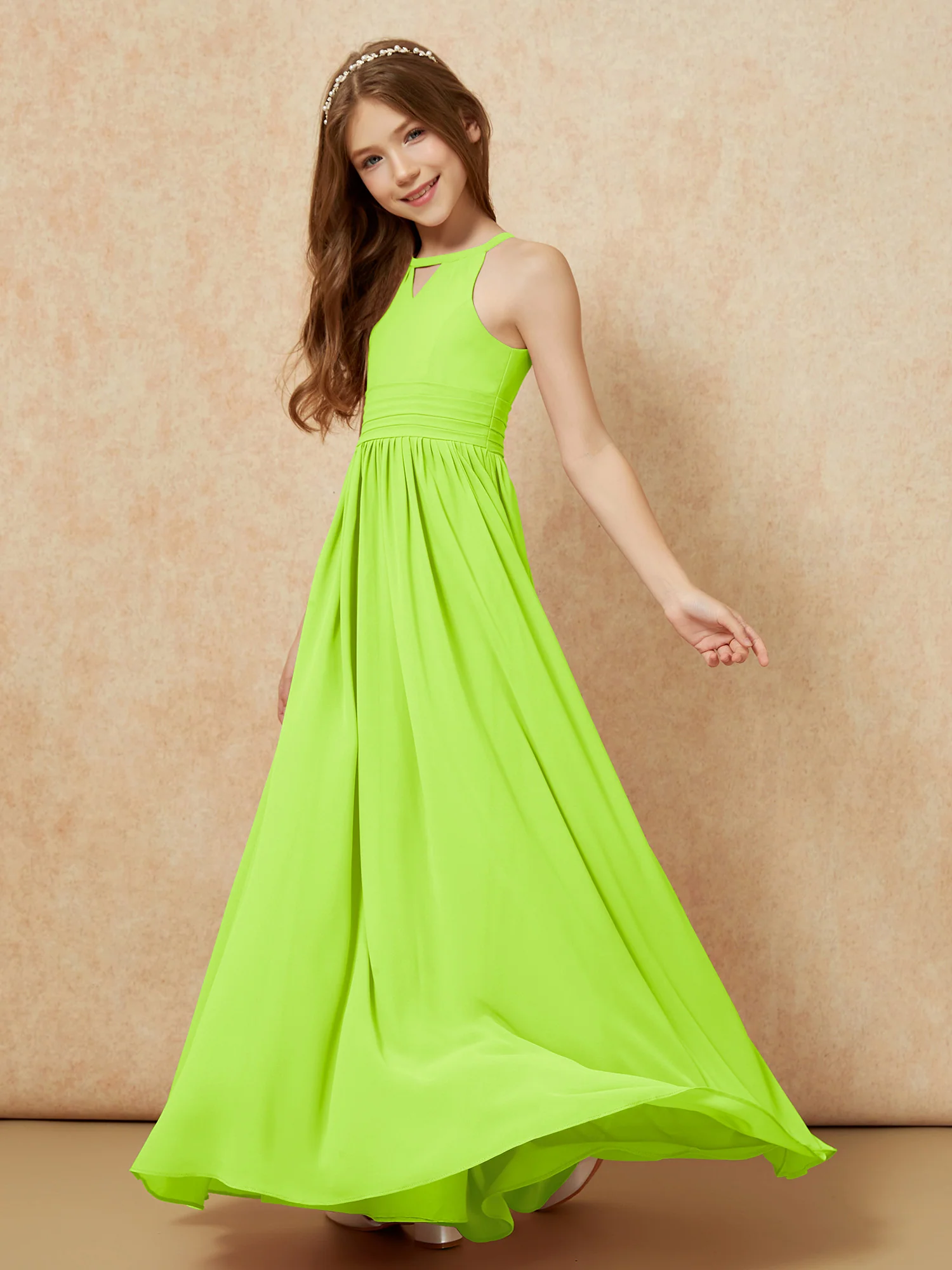 Halter Sleeveless Long Chiffon Junior Bridesmaid Dress Lime Green - Image 3