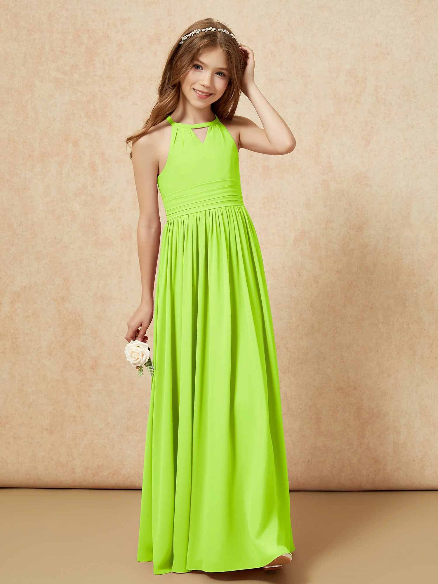 Halter Sleeveless Long Chiffon Junior Bridesmaid Dress Lime Green - Image 4