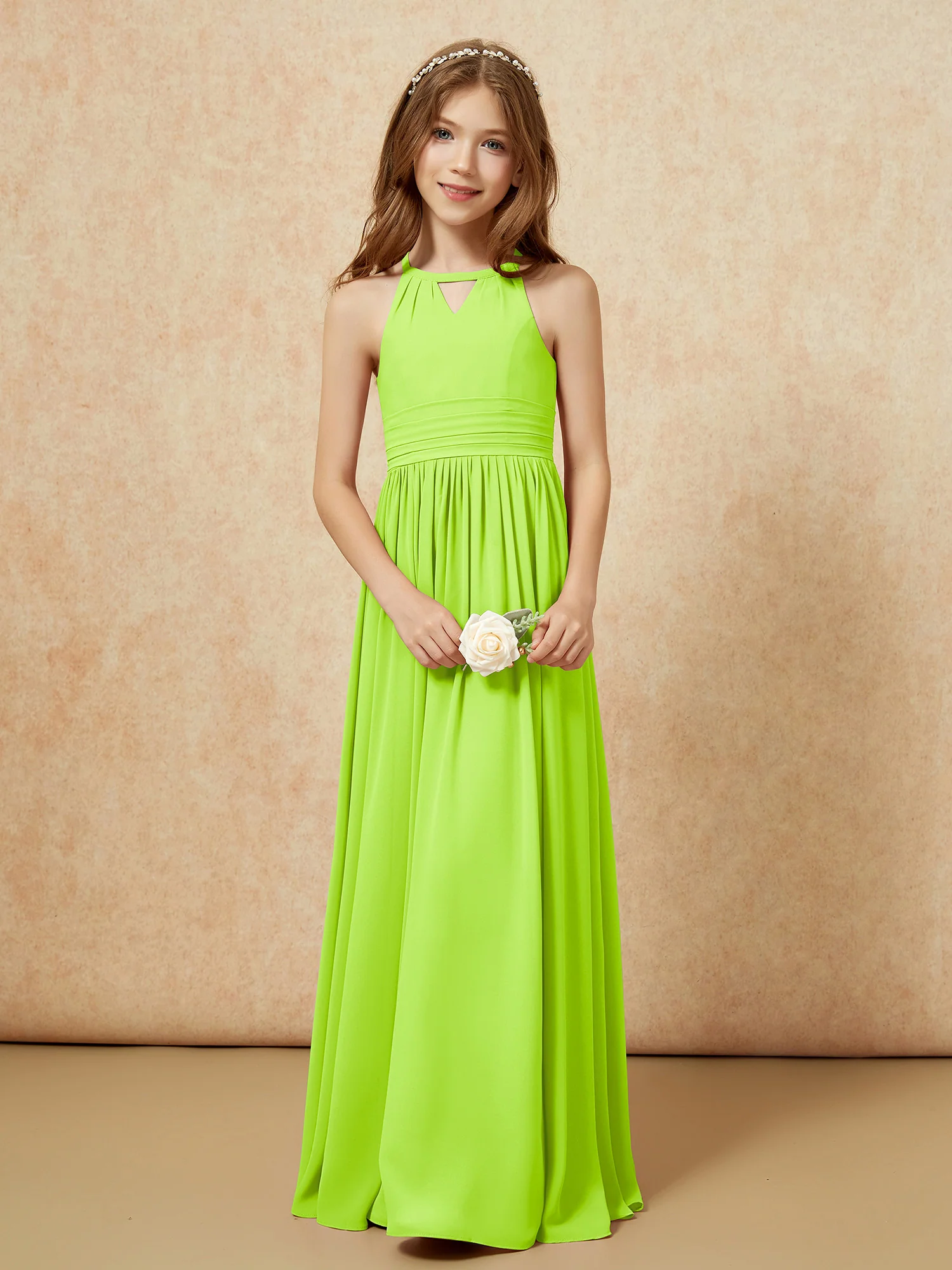 Halter Sleeveless Long Chiffon Junior Bridesmaid Dress Lime Green - Image 5