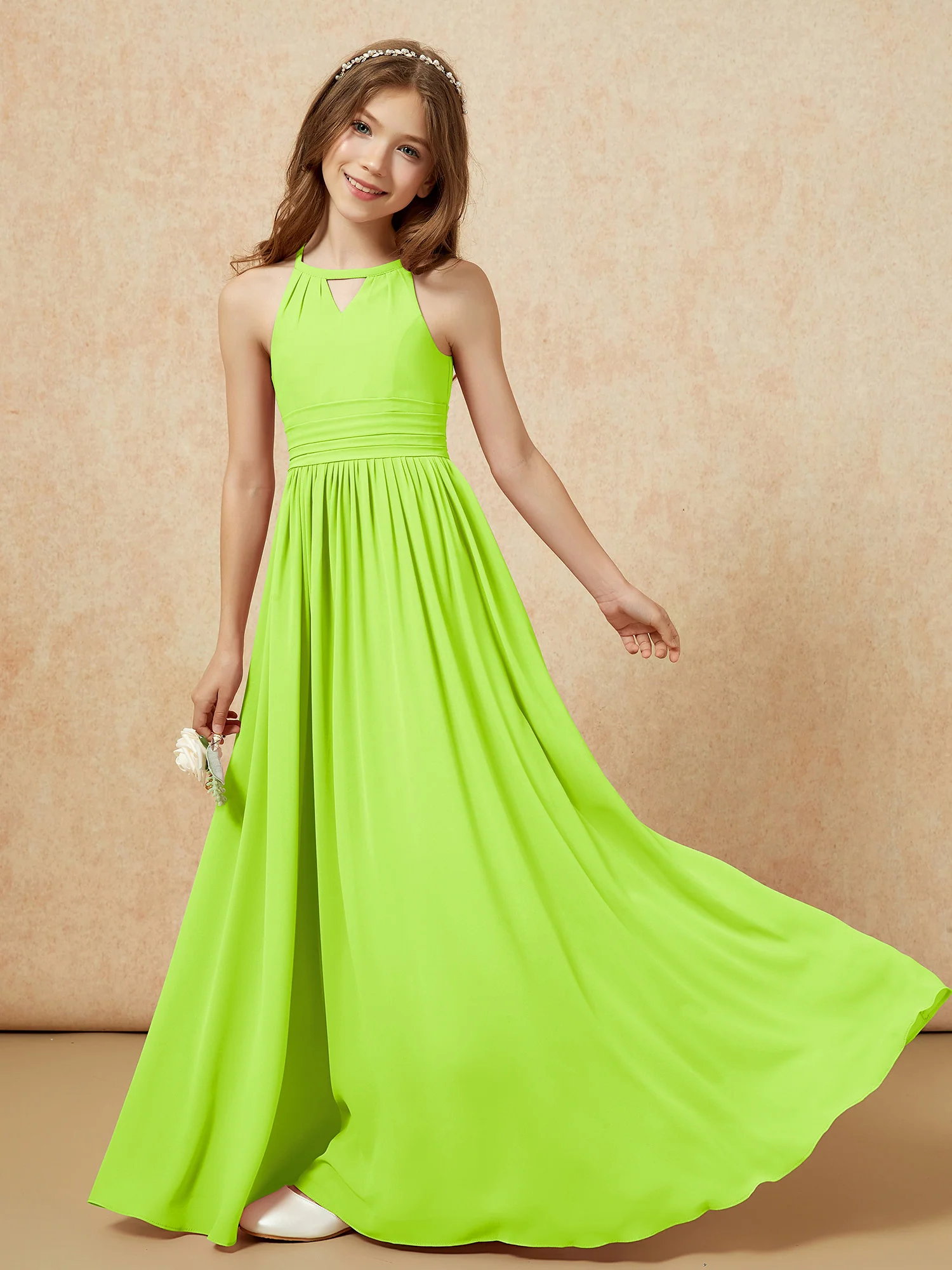 Halter Sleeveless Long Chiffon Junior Bridesmaid Dress Lime Green - Image 6