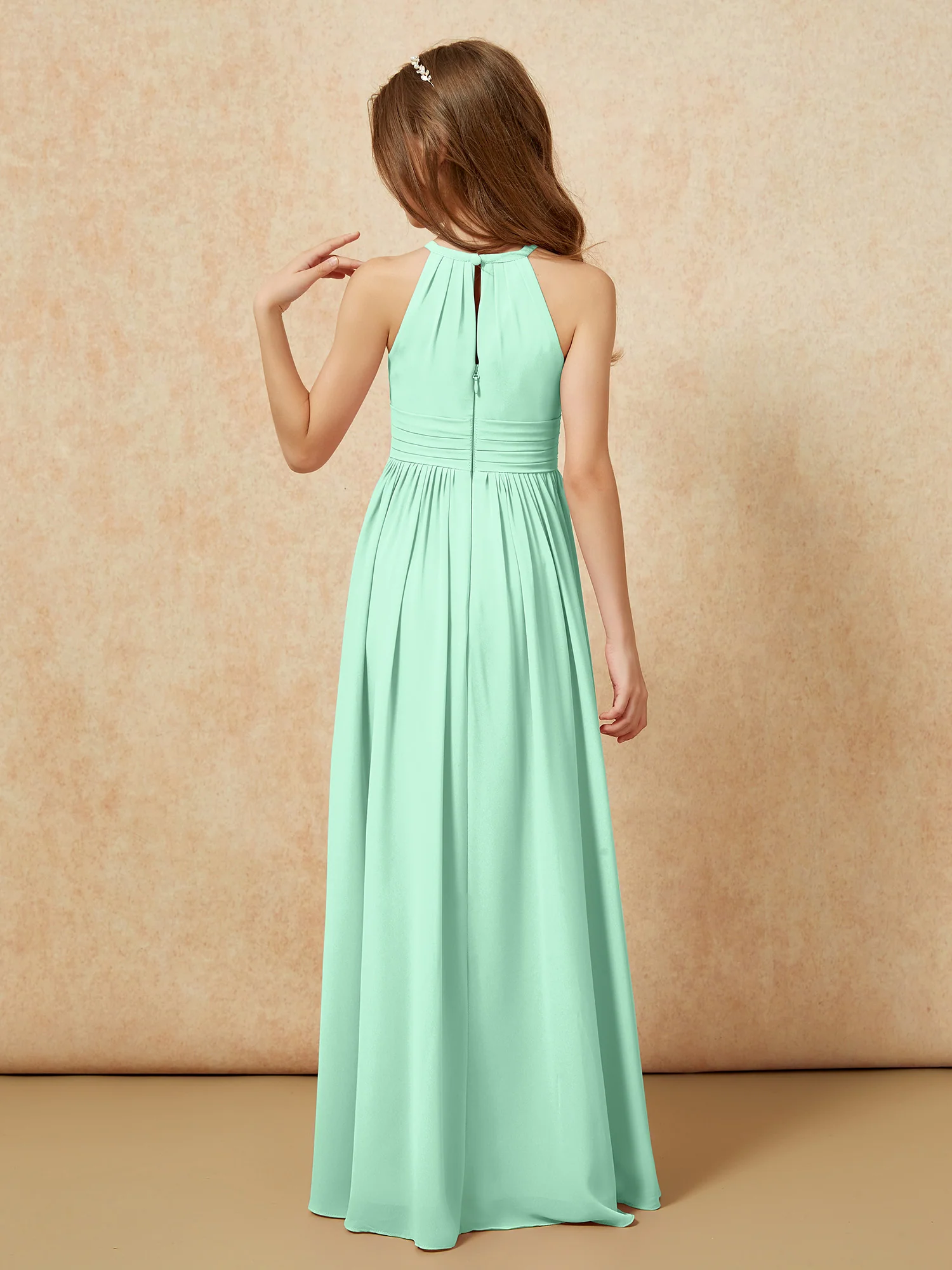 Halter Sleeveless Long Chiffon Junior Bridesmaid Dress Mint Green - Image 2