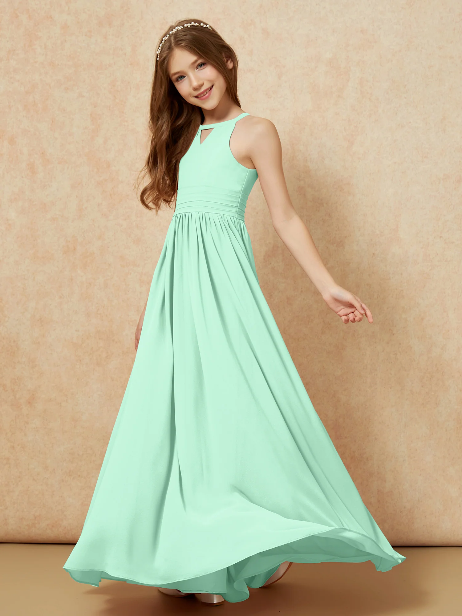 Halter Sleeveless Long Chiffon Junior Bridesmaid Dress Mint Green - Image 3