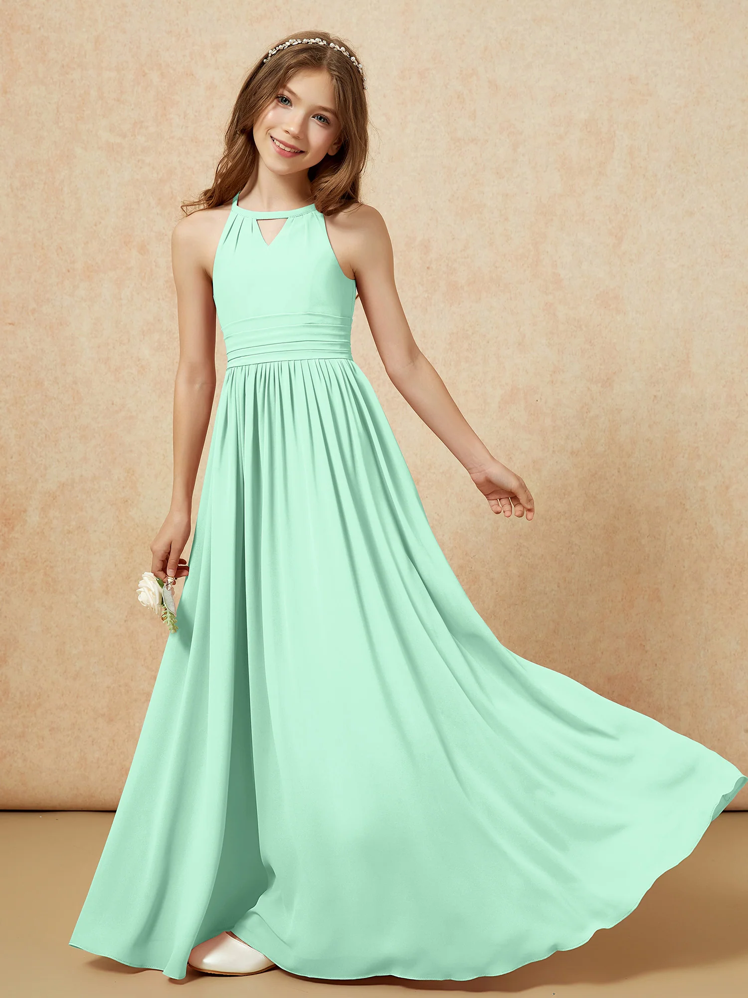 Halter Sleeveless Long Chiffon Junior Bridesmaid Dress Mint Green - Image 6
