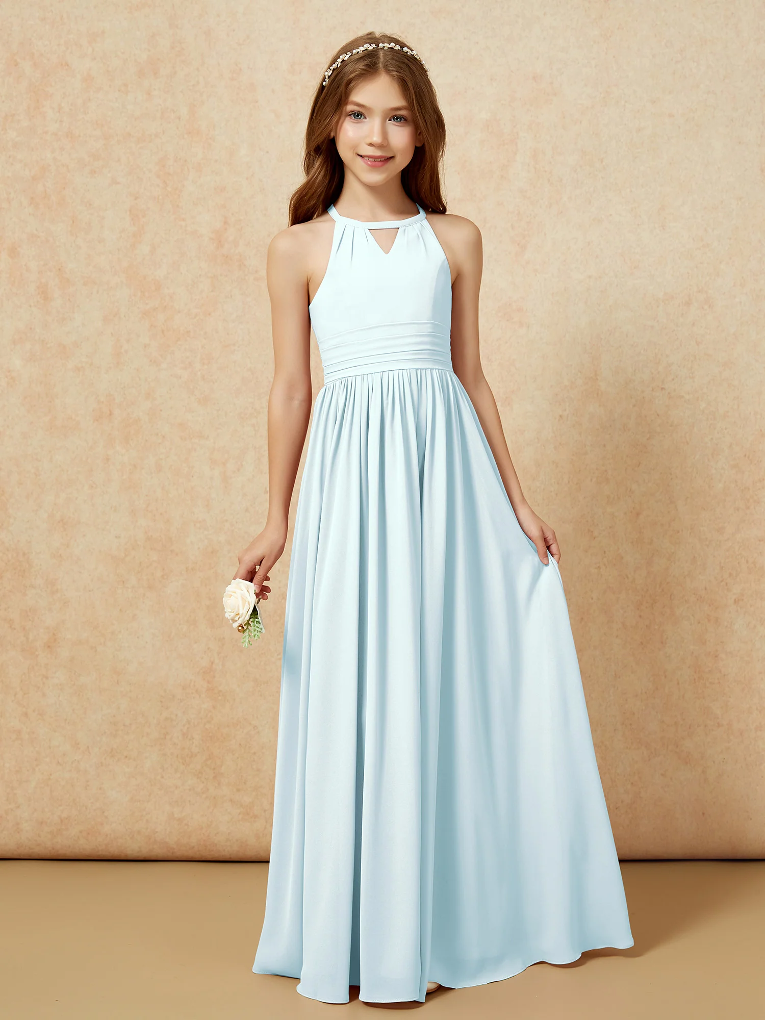Halter Sleeveless Long Chiffon Junior Bridesmaid Dress Mist