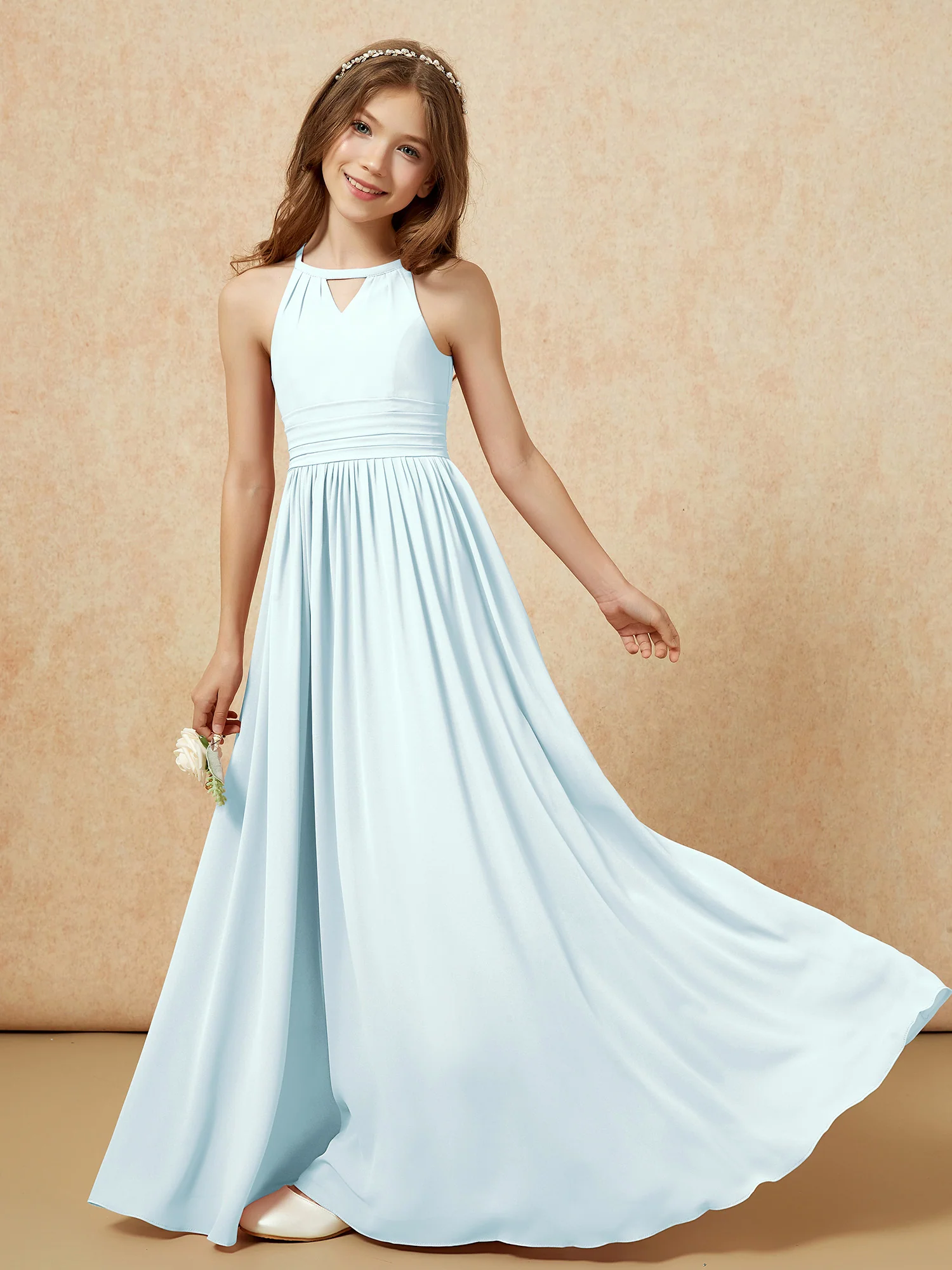 Halter Sleeveless Long Chiffon Junior Bridesmaid Dress Mist - Image 6