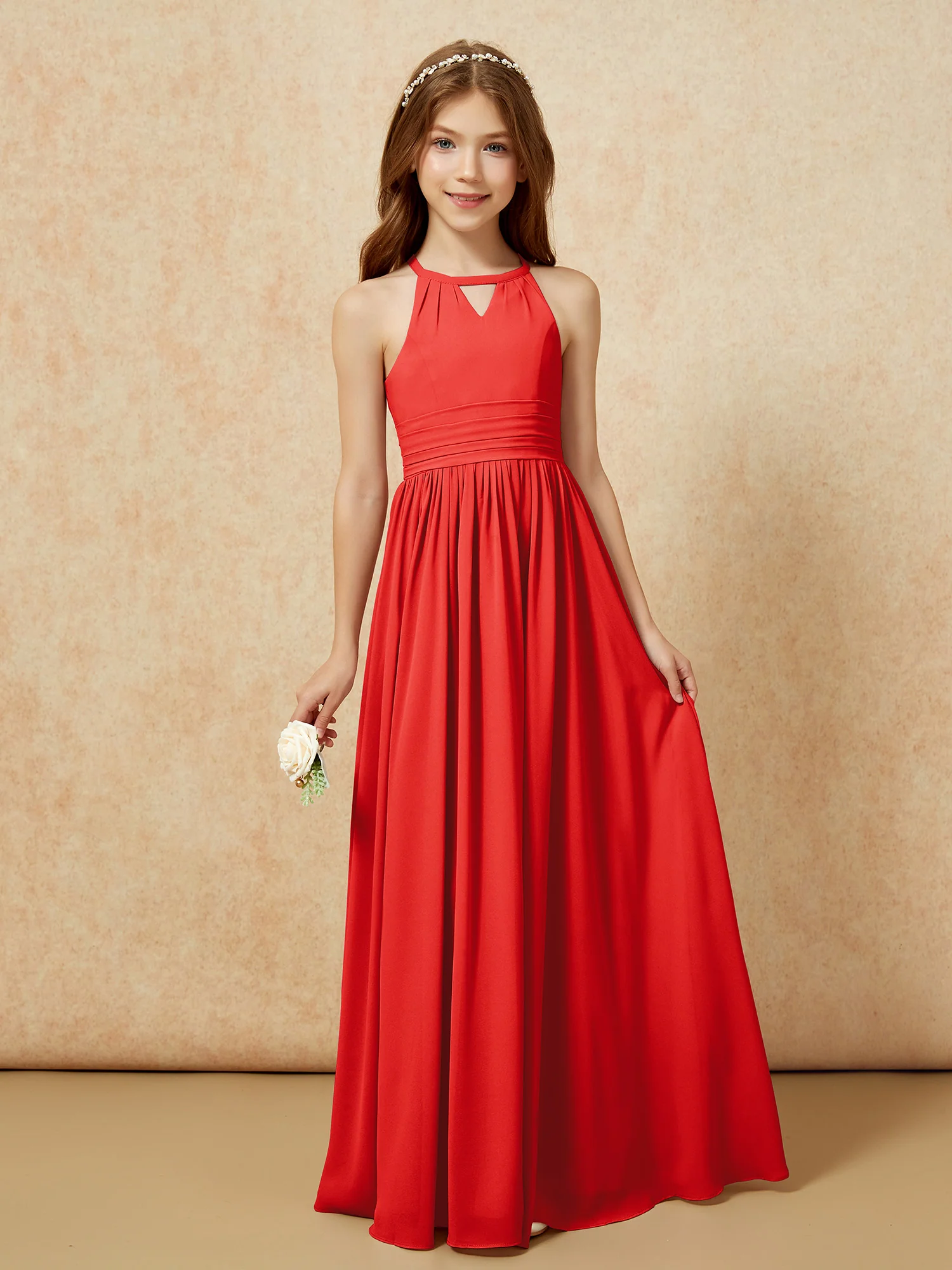 Halter Sleeveless Long Chiffon Junior Bridesmaid Dress Red