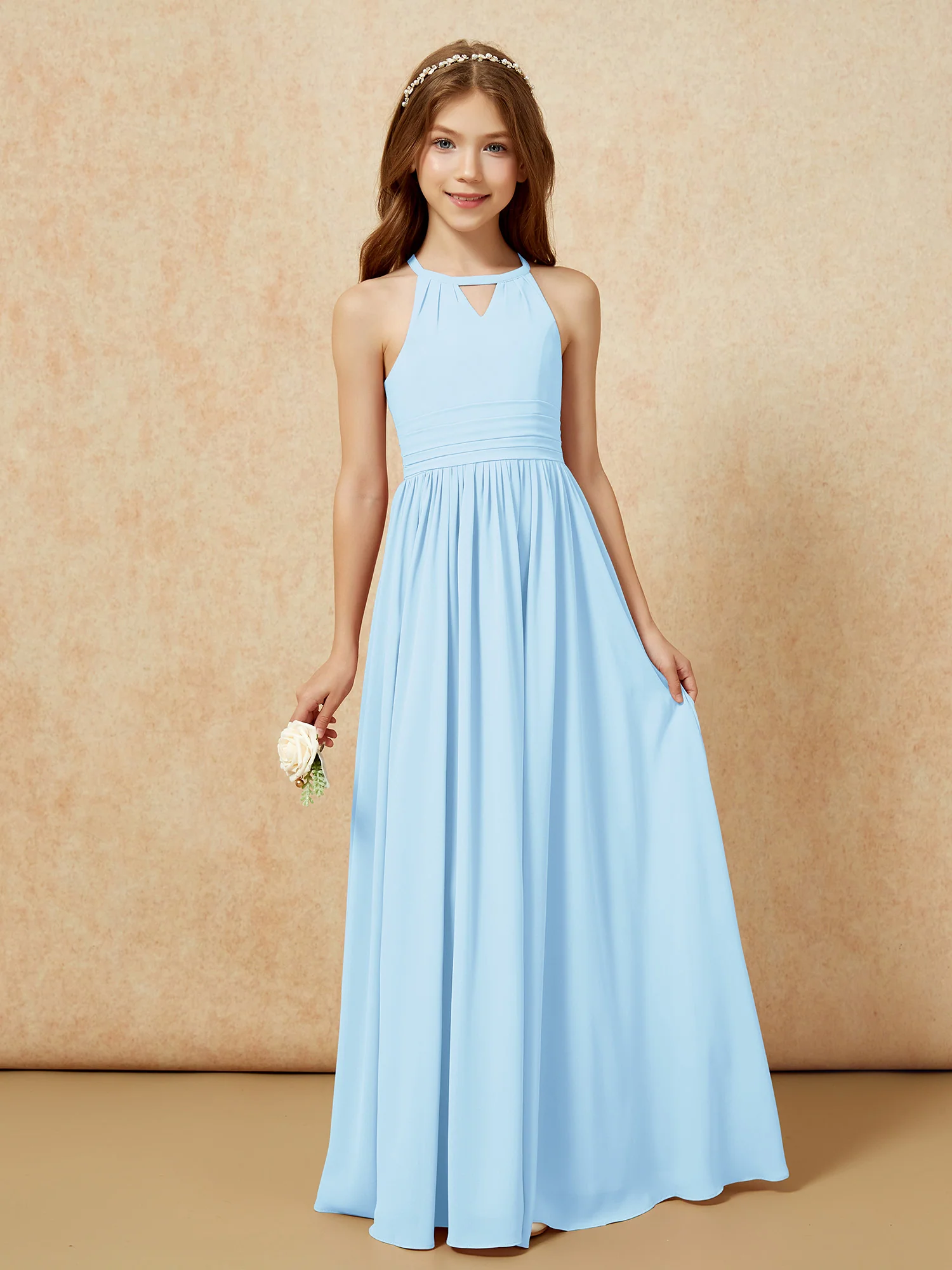Halter Sleeveless Long Chiffon Junior Bridesmaid Dress Sky Blue