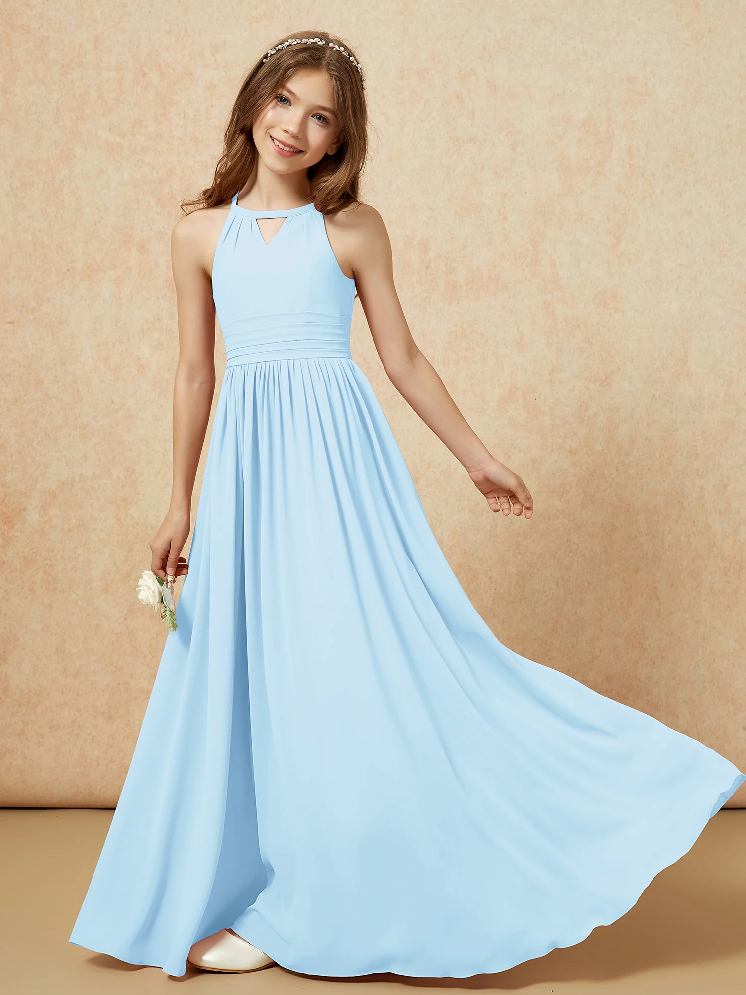 Halter Sleeveless Long Chiffon Junior Bridesmaid Dress Sky Blue - Image 6