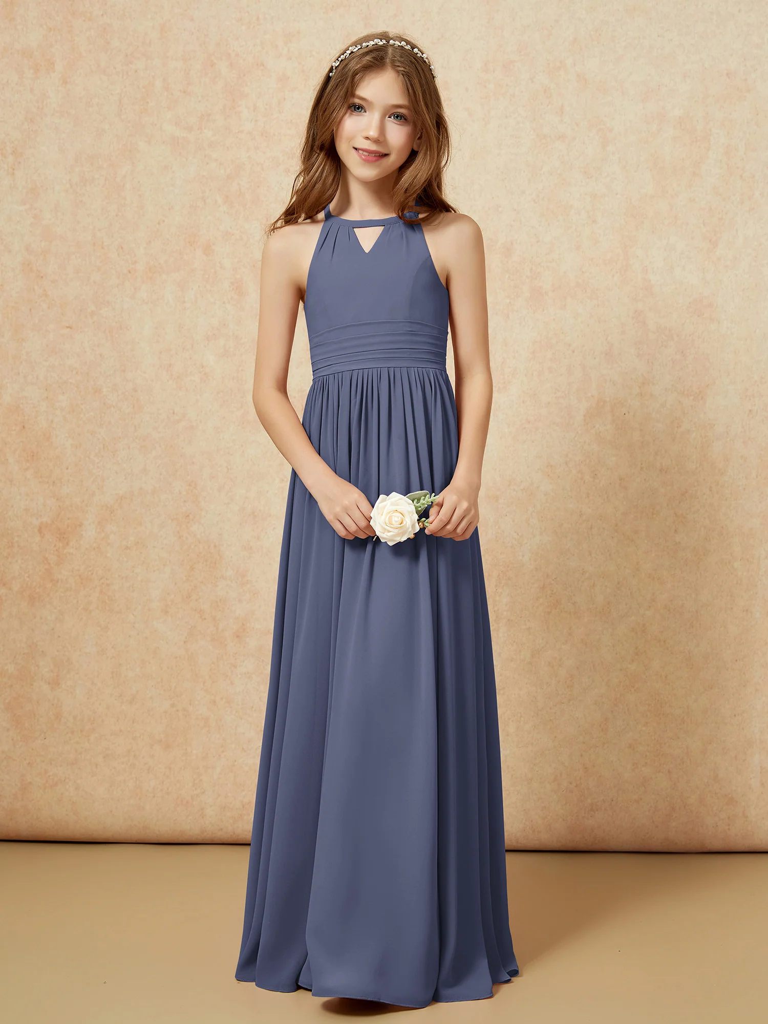 Halter Sleeveless Long Chiffon Junior Bridesmaid Dress Stormy - Image 5