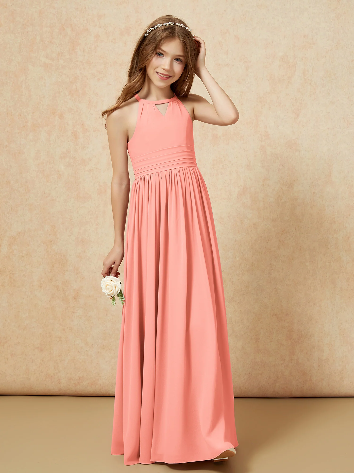 Halter Sleeveless Long Chiffon Junior Bridesmaid Dress Sunset - Image 4