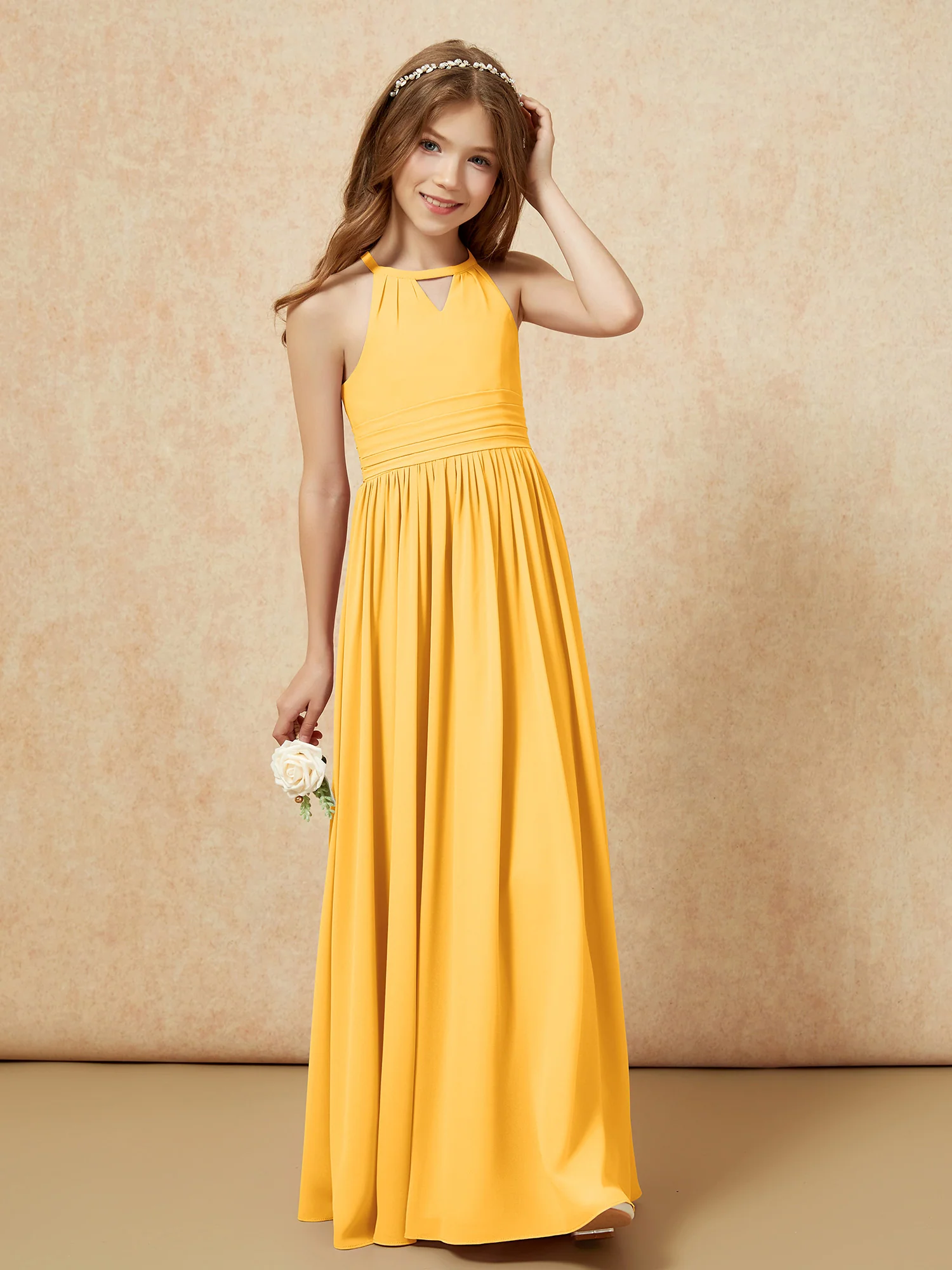 Halter Sleeveless Long Chiffon Junior Bridesmaid Dress Tangerine - Image 4
