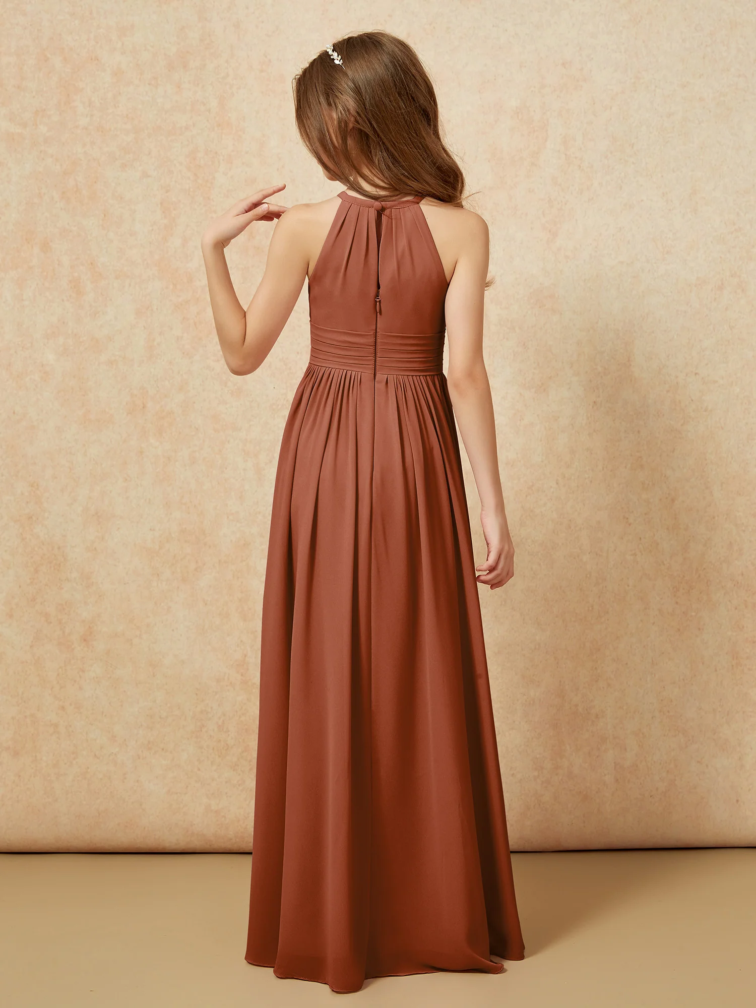 Halter Sleeveless Long Chiffon Junior Bridesmaid Dress Terracotta - Image 2