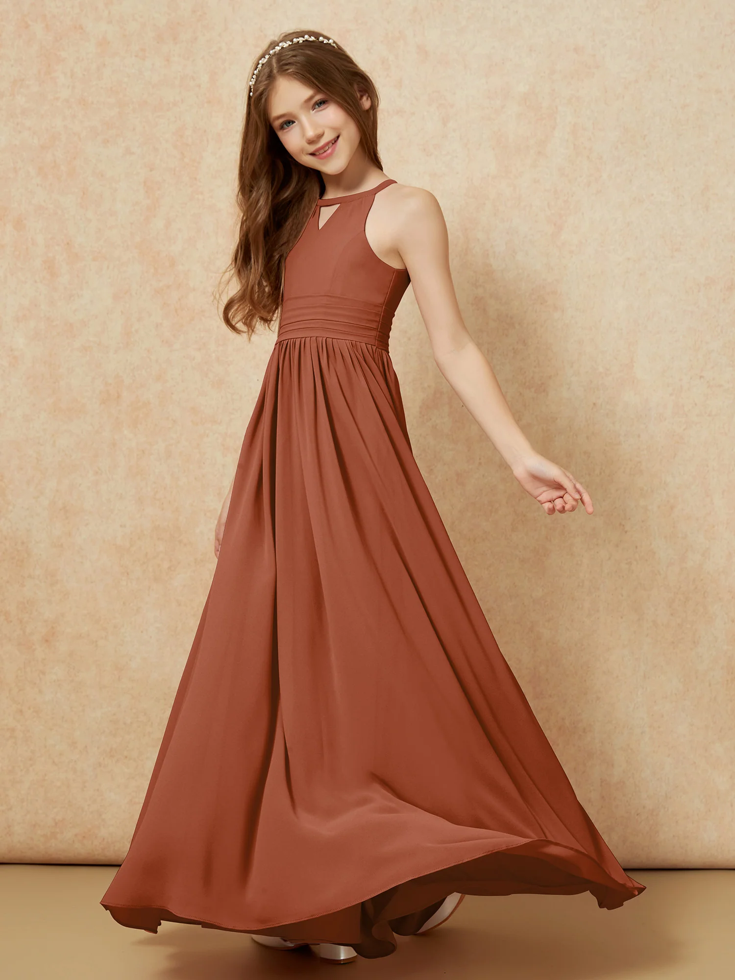 Halter Sleeveless Long Chiffon Junior Bridesmaid Dress Terracotta - Image 3
