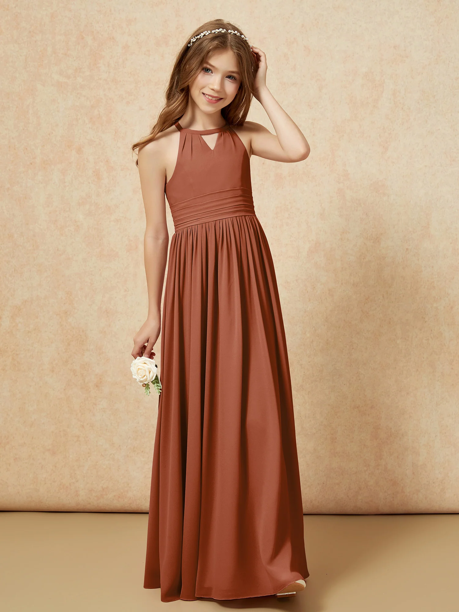 Halter Sleeveless Long Chiffon Junior Bridesmaid Dress Terracotta - Image 4