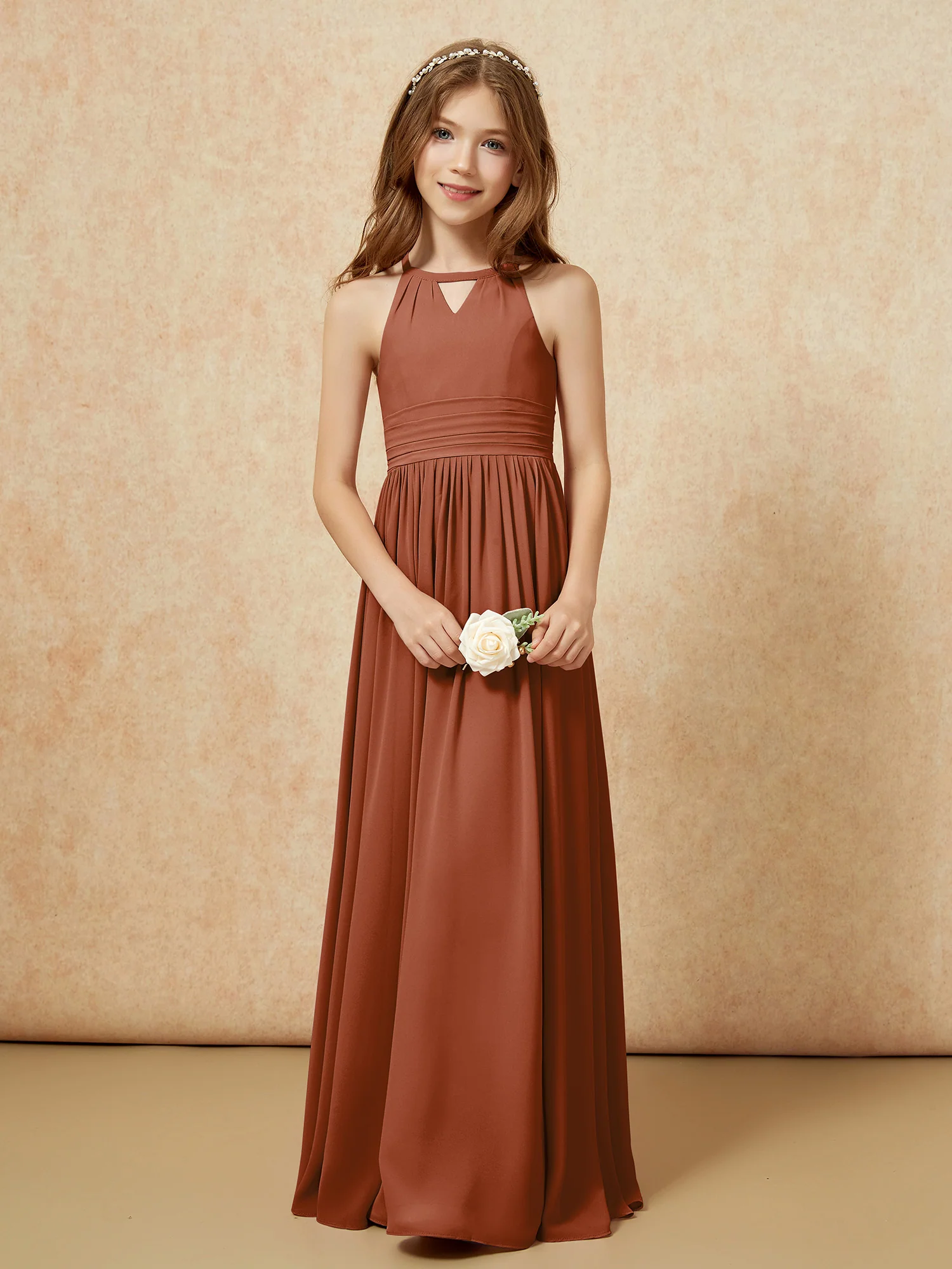 Halter Sleeveless Long Chiffon Junior Bridesmaid Dress Terracotta - Image 5