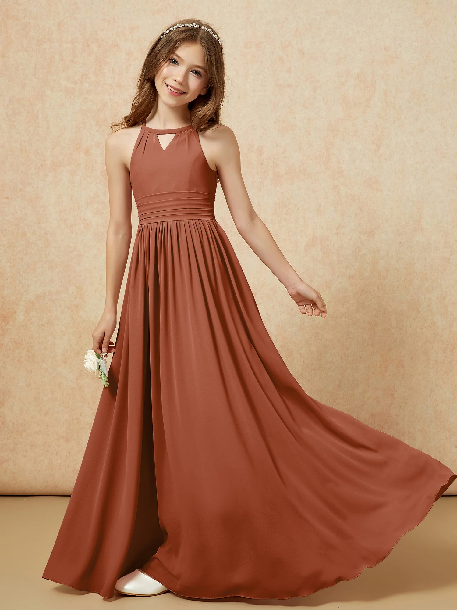Halter Sleeveless Long Chiffon Junior Bridesmaid Dress Terracotta - Image 6