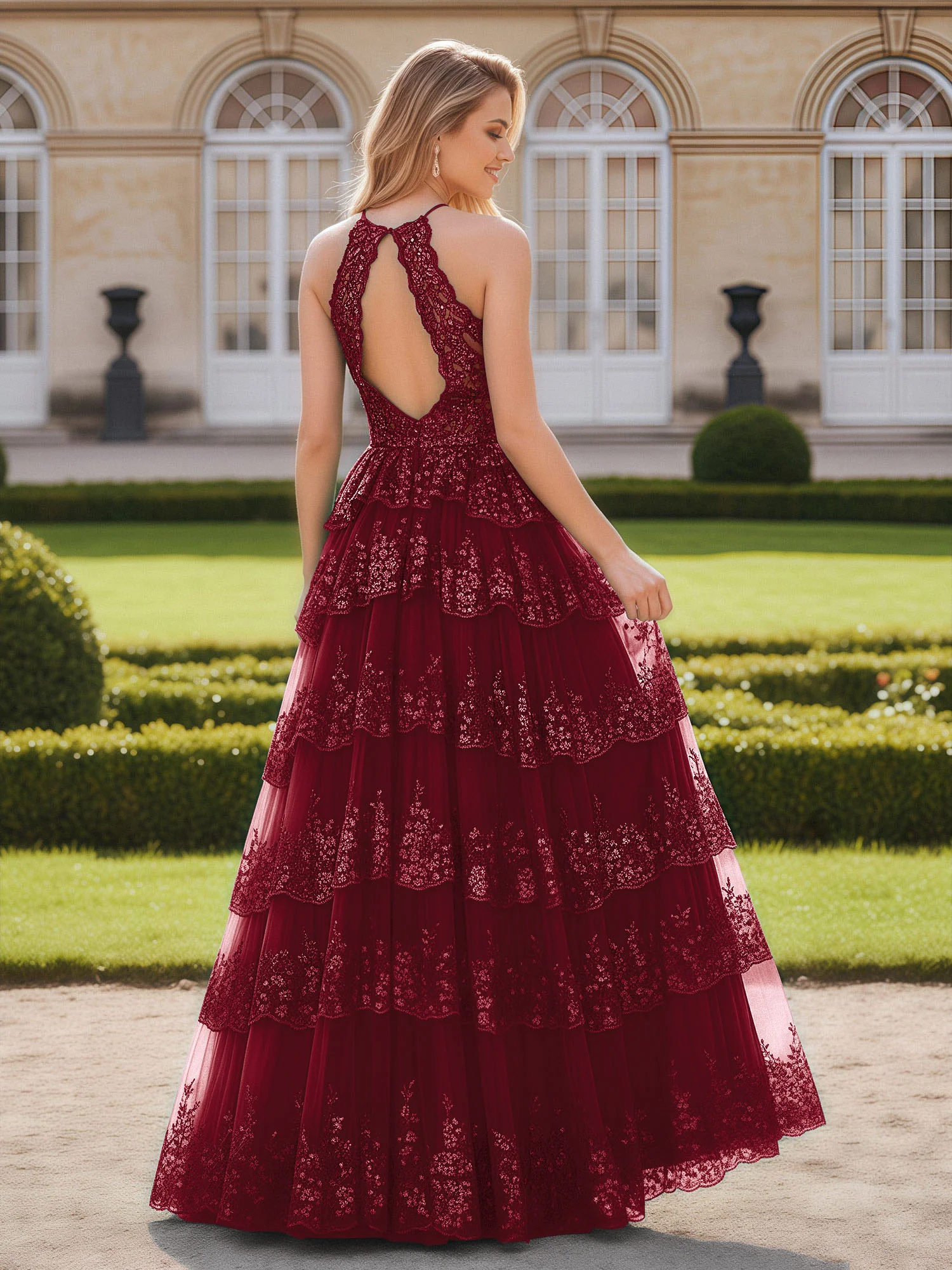 Halter Neck Tiered Skirt Gown with Lace Detailing Burgundy - Image 2
