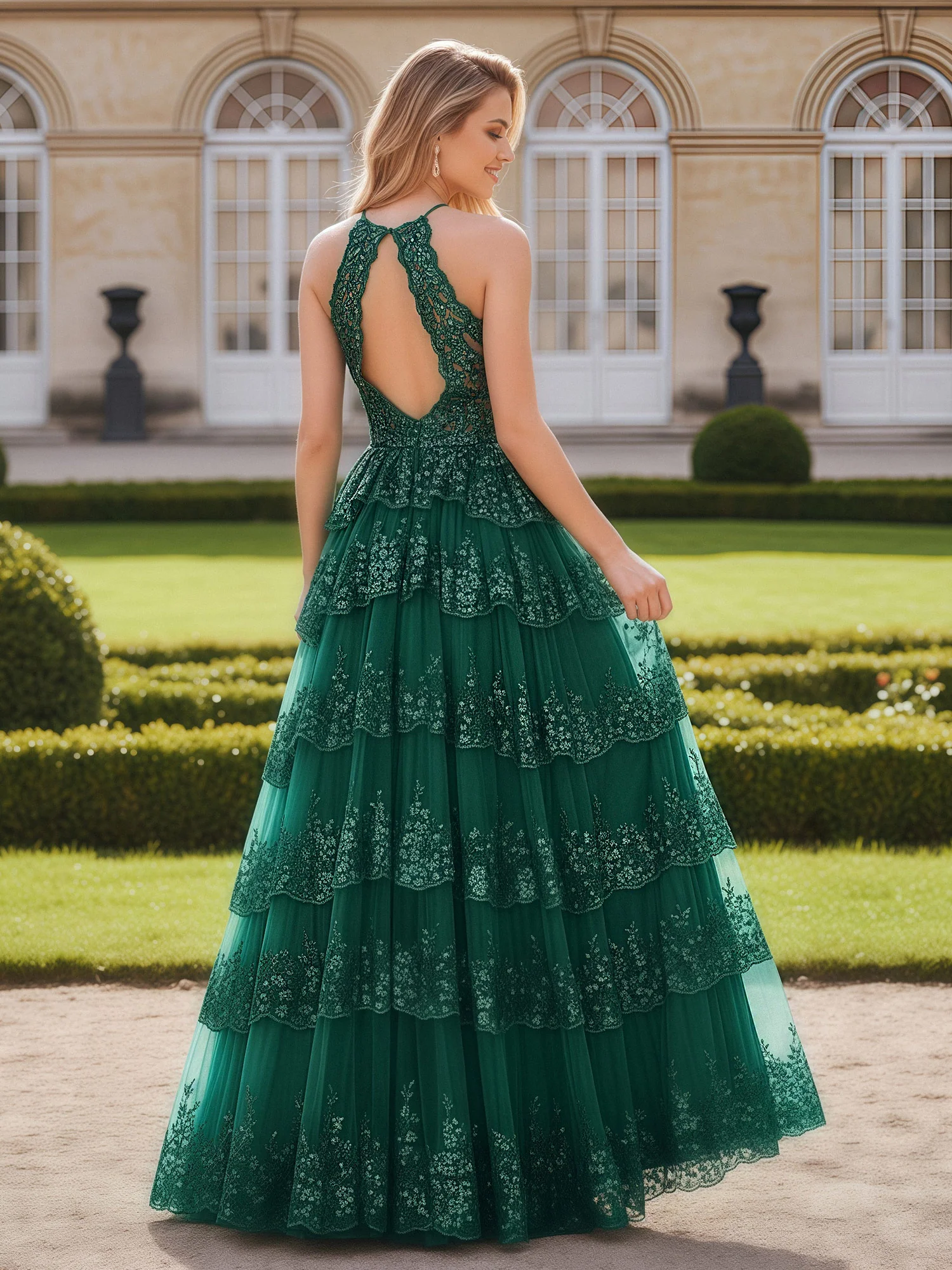 Halter Neck Tiered Skirt Gown with Lace Detailing Dark Green - Image 2
