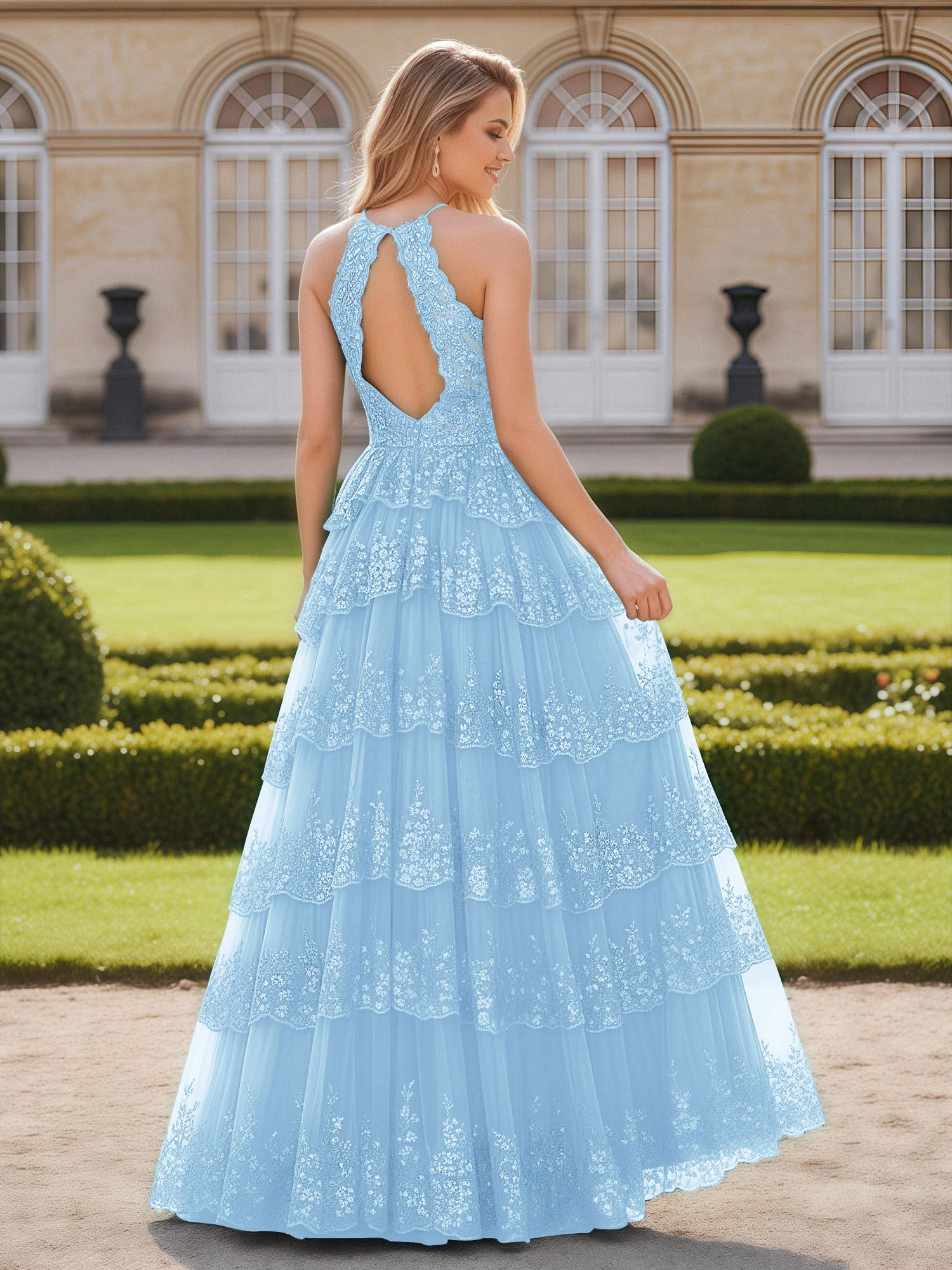Halter Neck Tiered Skirt Gown with Lace Detailing Sky Blue - Image 2