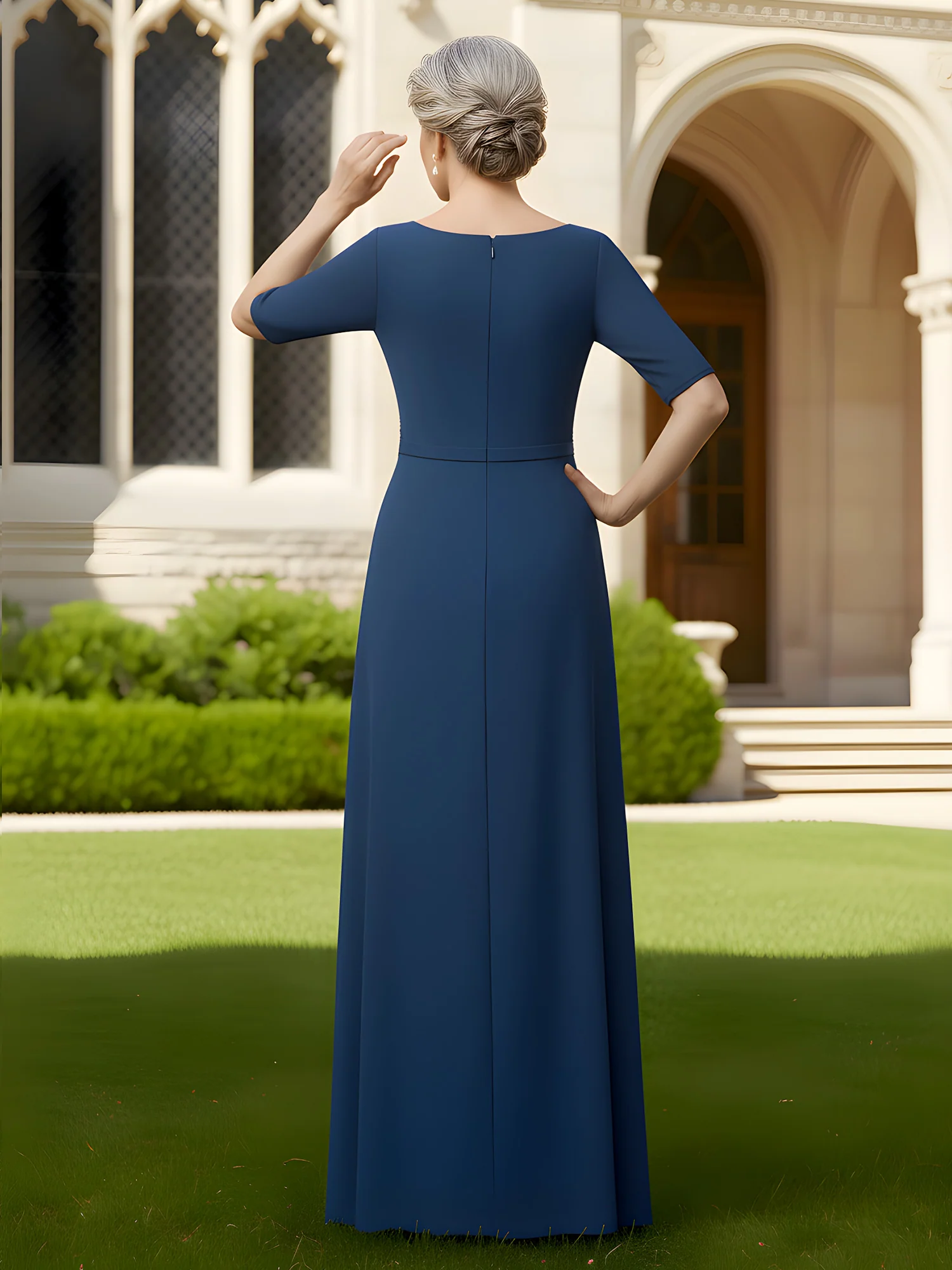 Elbow Sleeve Maxi Dress with Front Draped Skirt Detail Navy Blue - Image 2