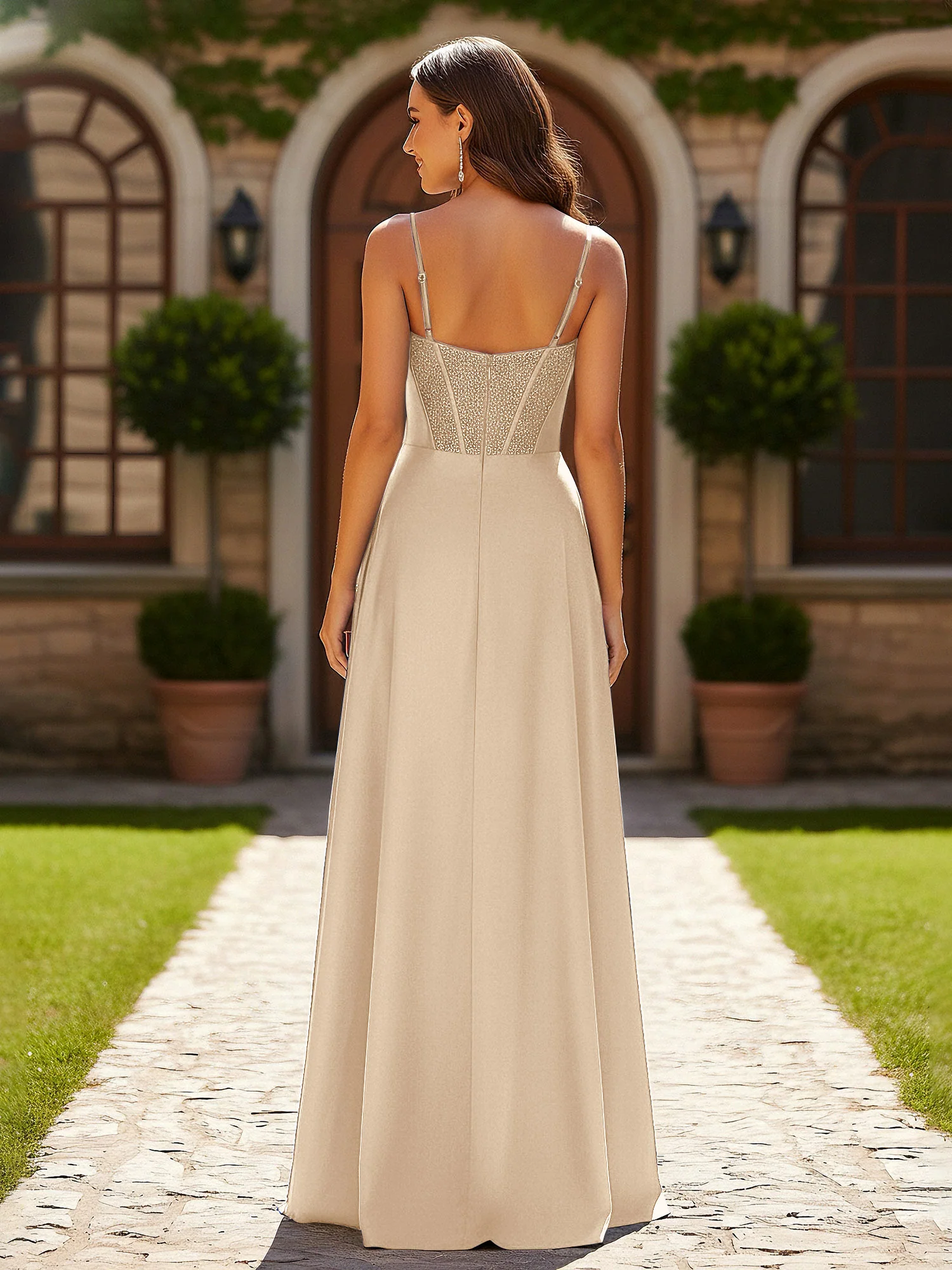 Beaded Corset Bodice Gown with High Leg Slit Champagne - Image 2